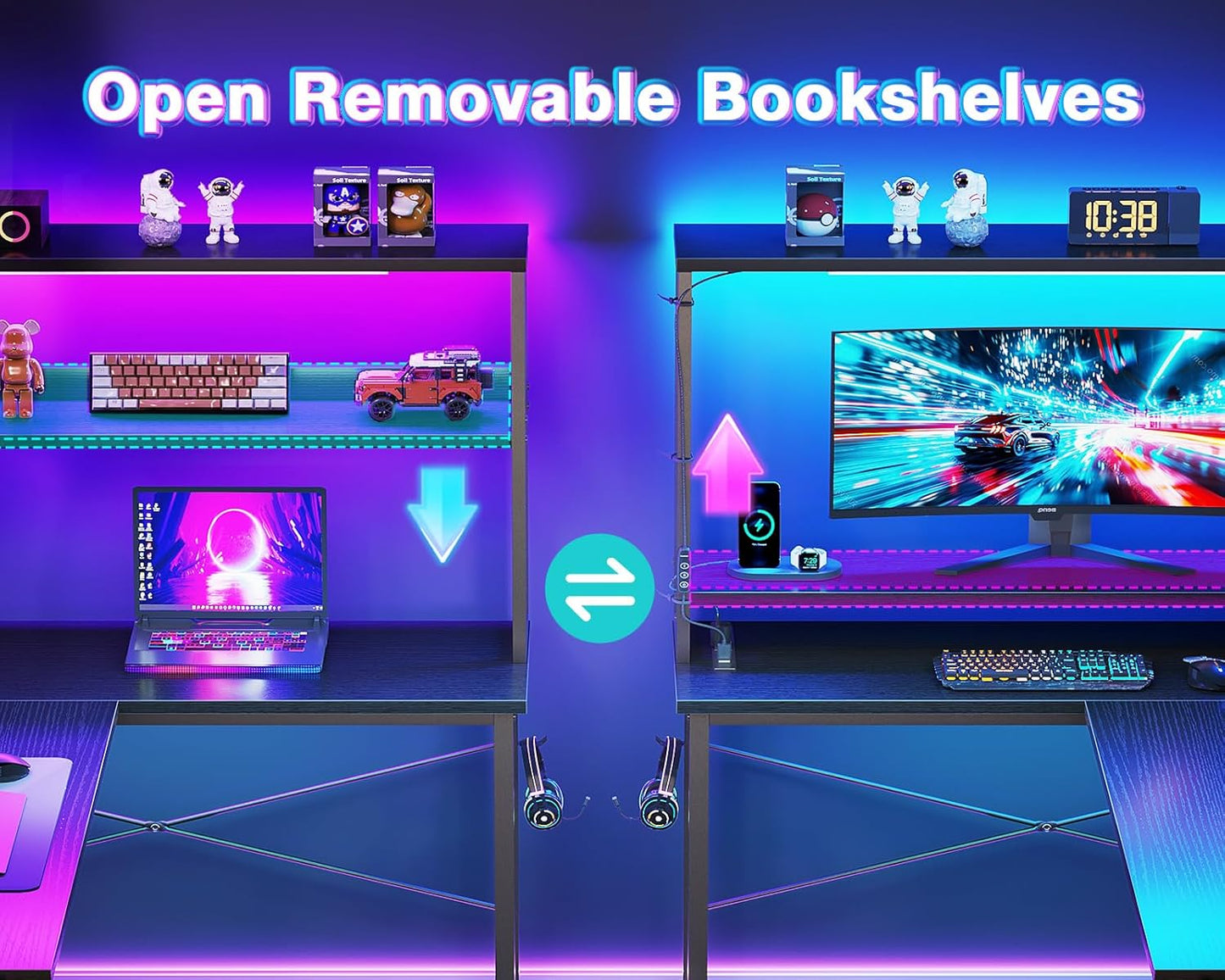 AODK L Shaped Desk Gaming Desk with LED Light & Power Outlet, 43 Inch Reversible L Shaped Computer Table with Shelf, Corner Desk with Storage Bag&Hook for Home Office Desk, Black