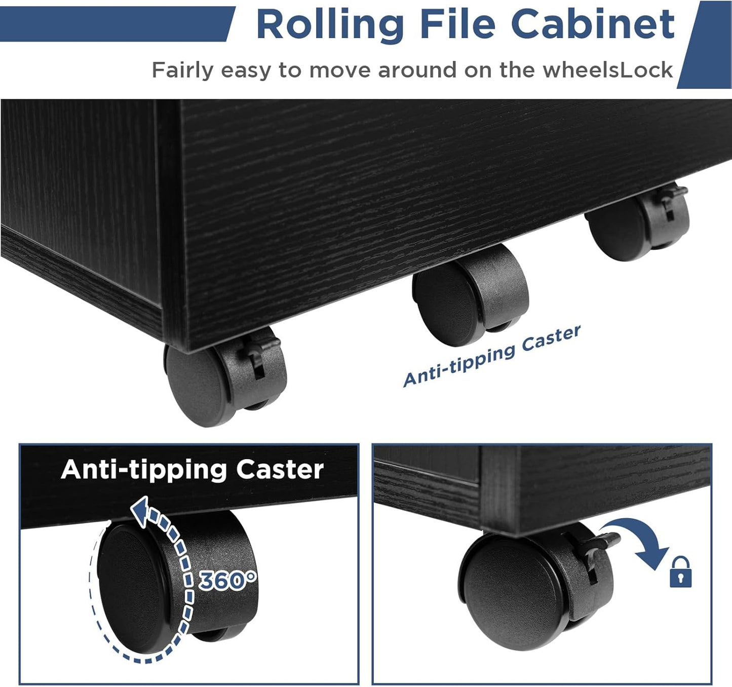 HollyHOME 3-Drawer Wood File Cabinet, Under Desk Cabinet for Home Office, Rolling Storage Shelf for Home, Printer Stand, for A4, Letter-Size Files, 11.8in Hanging File Folders, Black