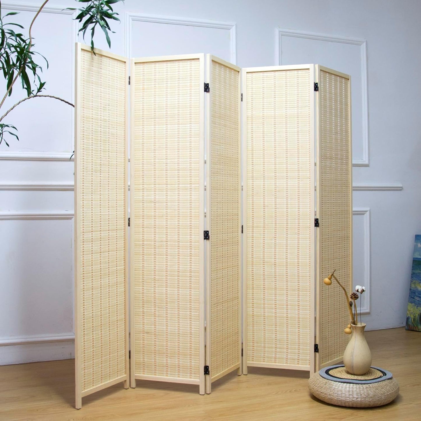 5 Panel Room Divider and Folding Panel Screen,Bamboo Panel Divider Screen for Room Separation,Beige,67" H x 76.75" W