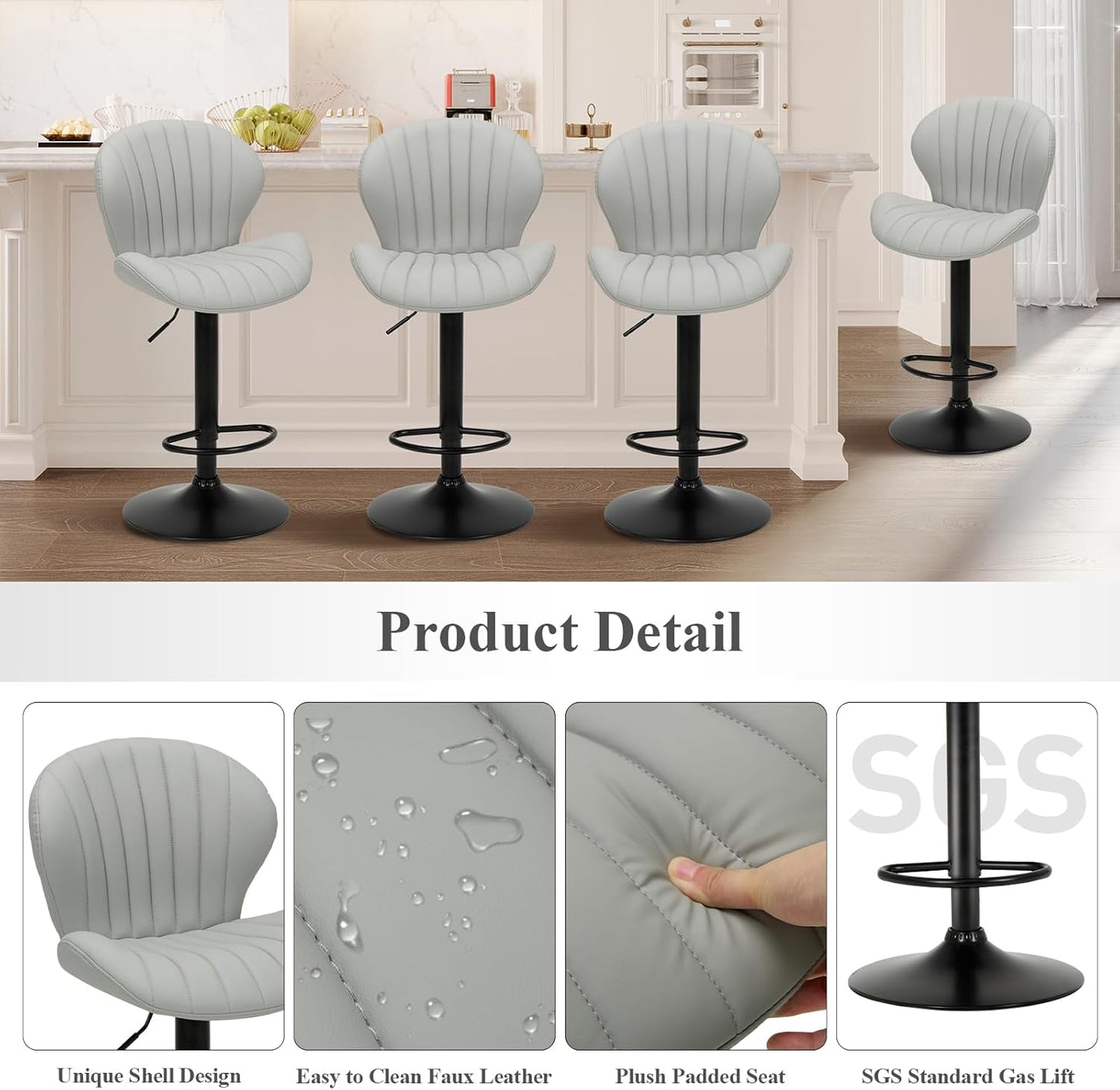 COLAMY Bar Stools Set of 2, Modern Swivel Bar Chairs, Adjustable Faux Leather Upholstered Barstools Counter Height with High Backrest for Bar, Kitchen Island, Dining Room, Grey