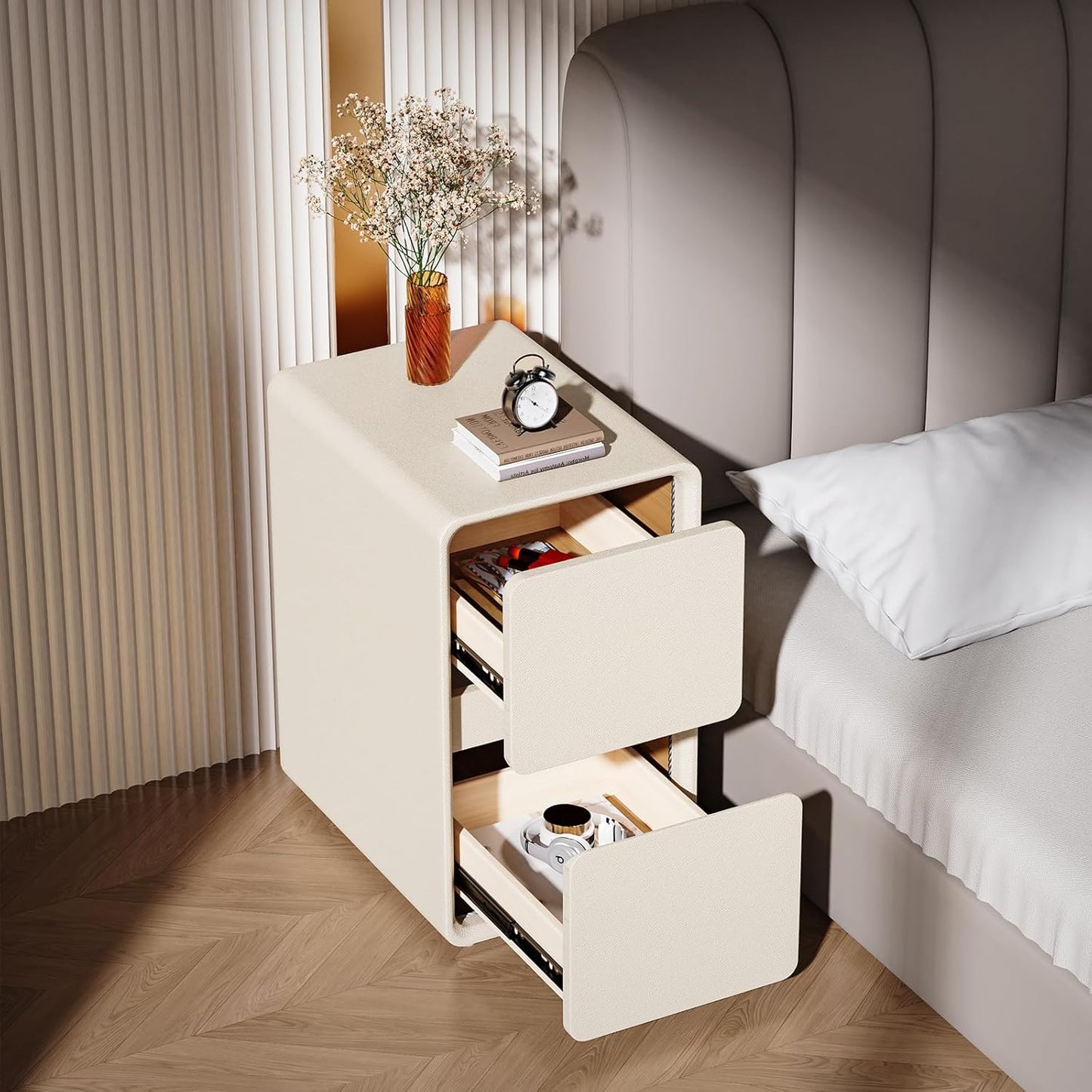 VICITON Modern Narrow Faux Leather Nightstand, Solid Wood Drawer, Storage Accent Table, Small Side End Table for Bedroom (Cream White, Nomal(12 inch))