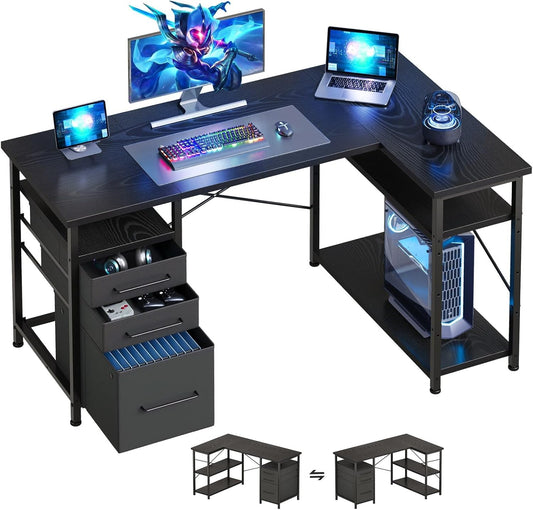 47" Computer Desk with Drawers, Desks for Bedrooms, Writing Desk with Storage, Work Desk for Small Space, Black