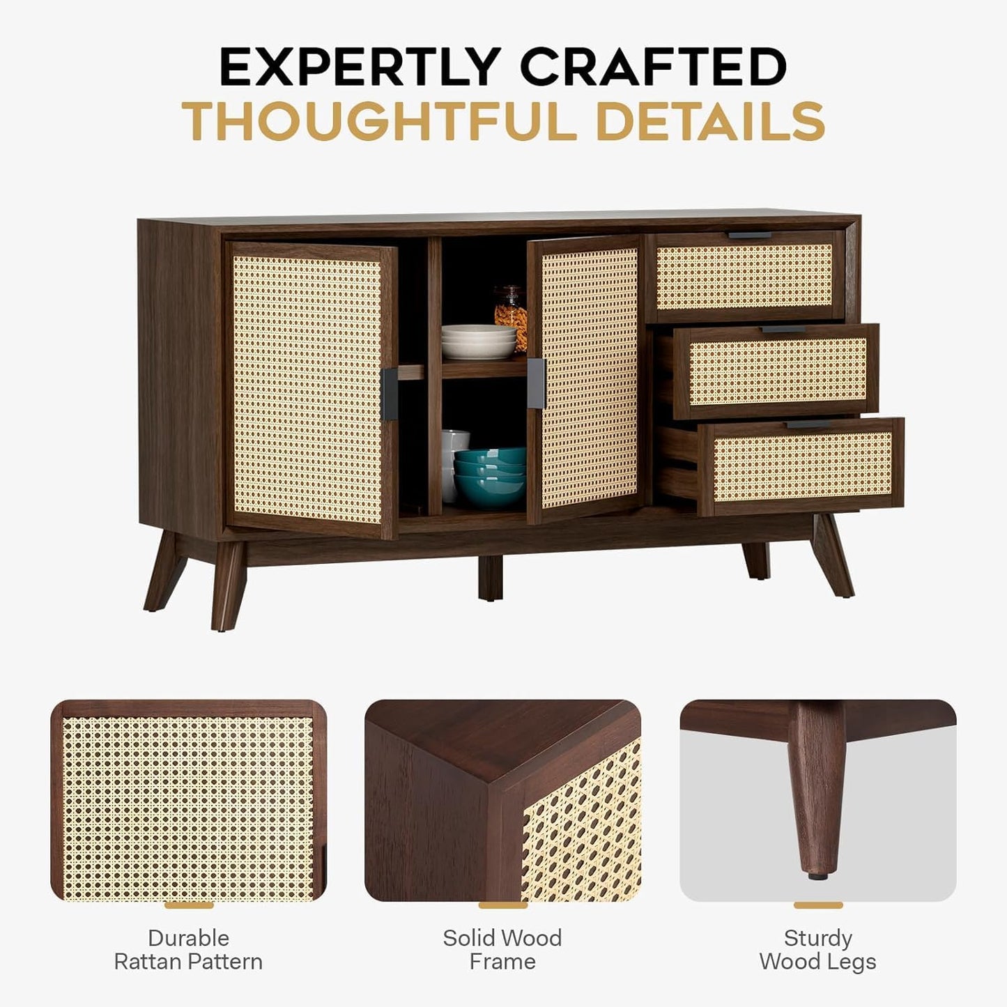 Bme Rattan Pre-Assembled Buffet Sideboard with 3 Drawers & 2 Doors, 58" Accent Console Table Living Room, Kitchen, Dining, Walnut, Jasper Storage Cabinet