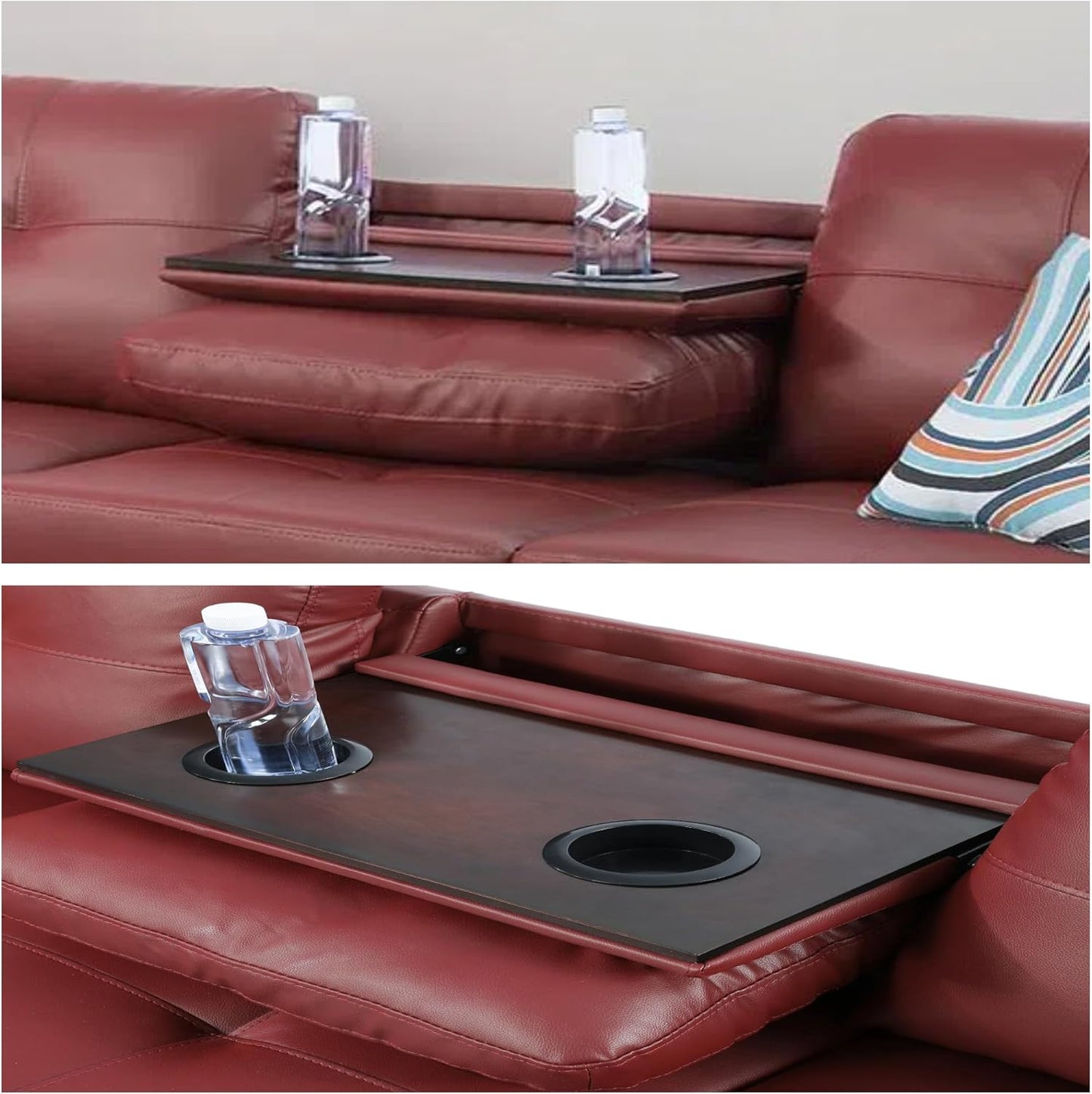 L-Shaped Sectional Sofa with Ottoman, Leather Modern Nail-Head Design with Cup Holder & Chaise for Living Room, Bedroom, Office, Red