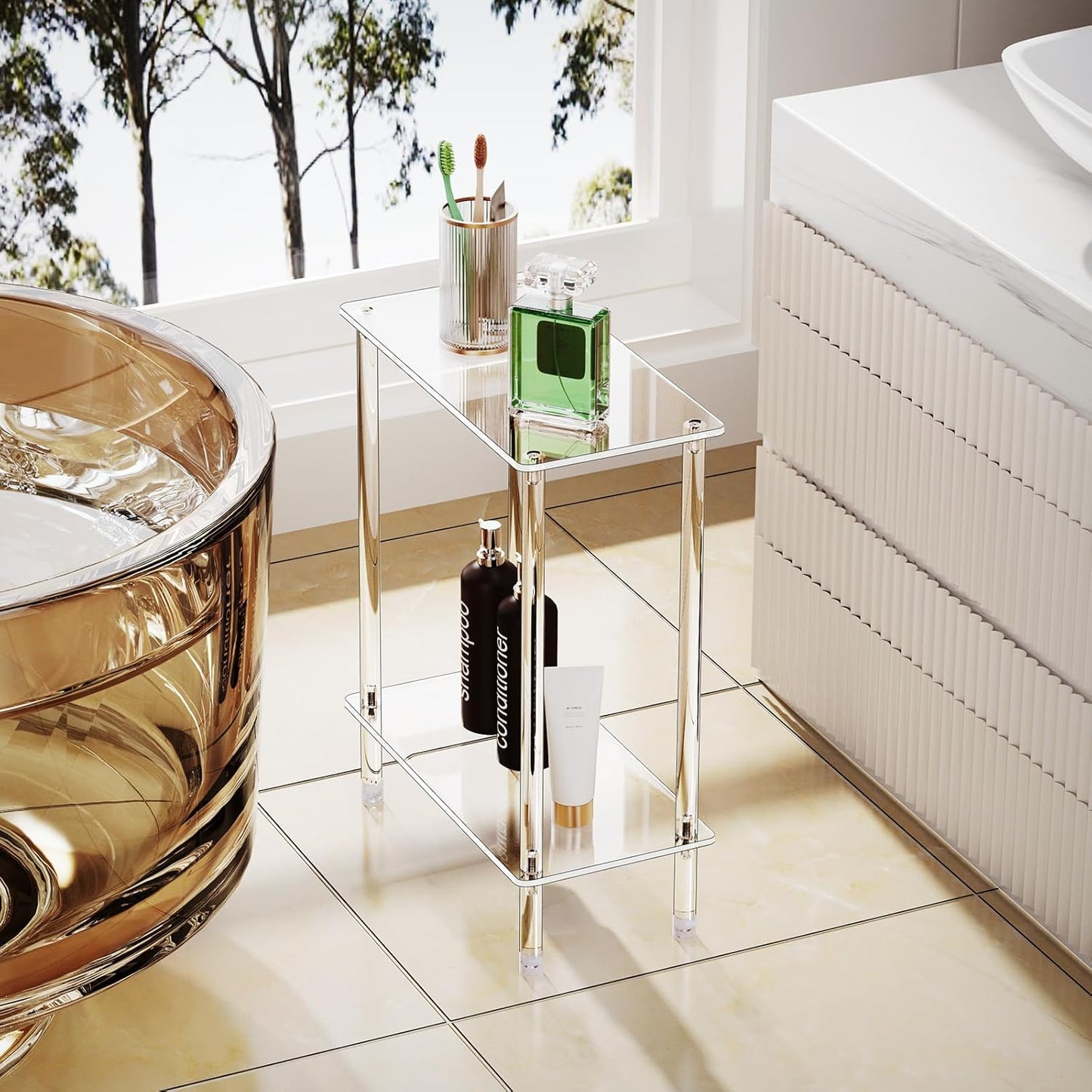 Clear Acrylic Narrow Side Table Set of 2 for Small Spaces, 15.75" L x 7.87" W x 19.82" H, 2 Tier Rectangle Slim End Table Nightstand, Small Bedside Table for Bedroom, Bathroom, Living Room