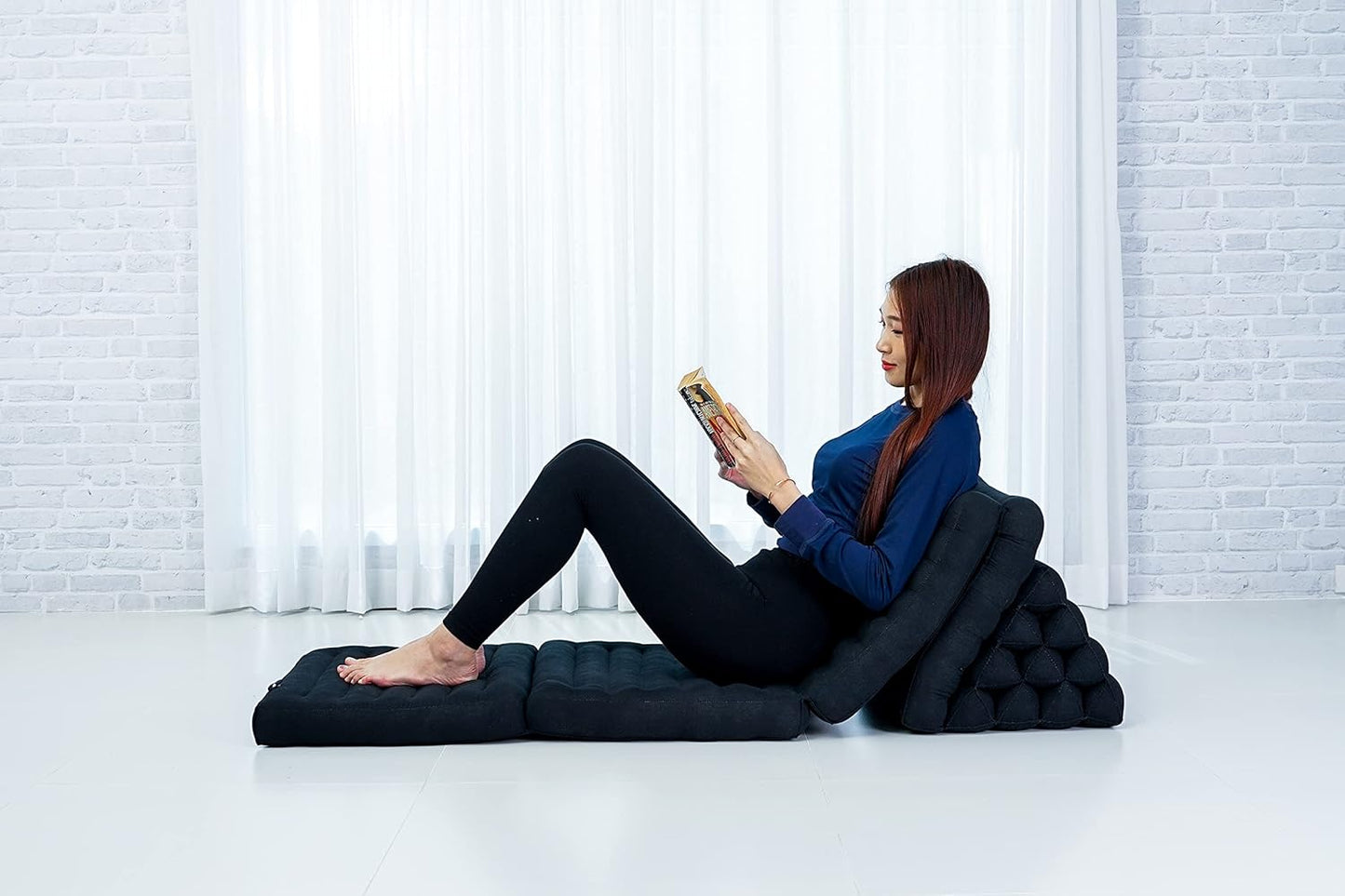 Leewadee Comfortable Japanese Floor Mattress - Thai Floor Bed with Triangle Cushion - Futon Mattress - XL Extra Long Thai Massage Mat, 89 x 20 inches, Black, Kapok Filling