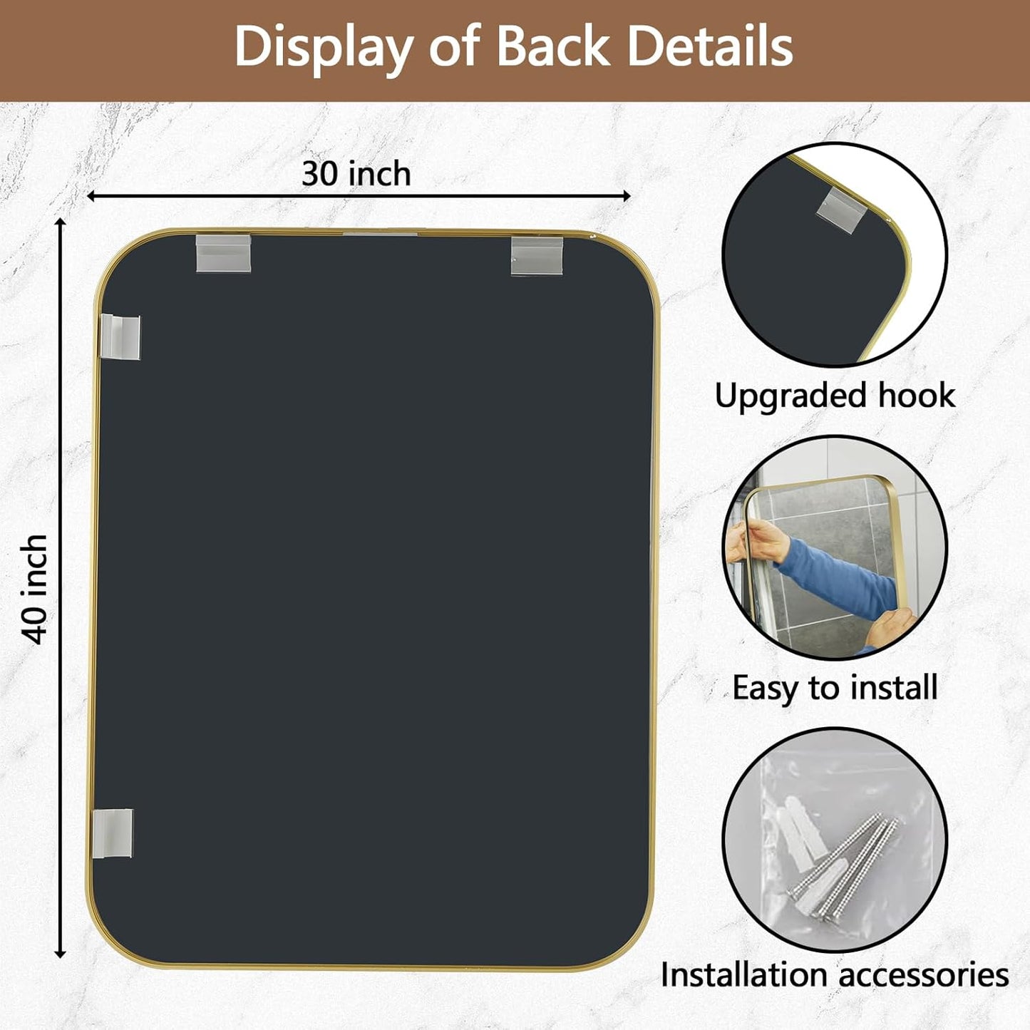 40x30 Inch Gold Mirror, Framed Rectangle Mirror with Rounded Corner, Brushed Brass Mirror, Gold Bathroom Mirror for Over Sink, Vanity, Living Room, Bedroom, Horizontal/Vertical