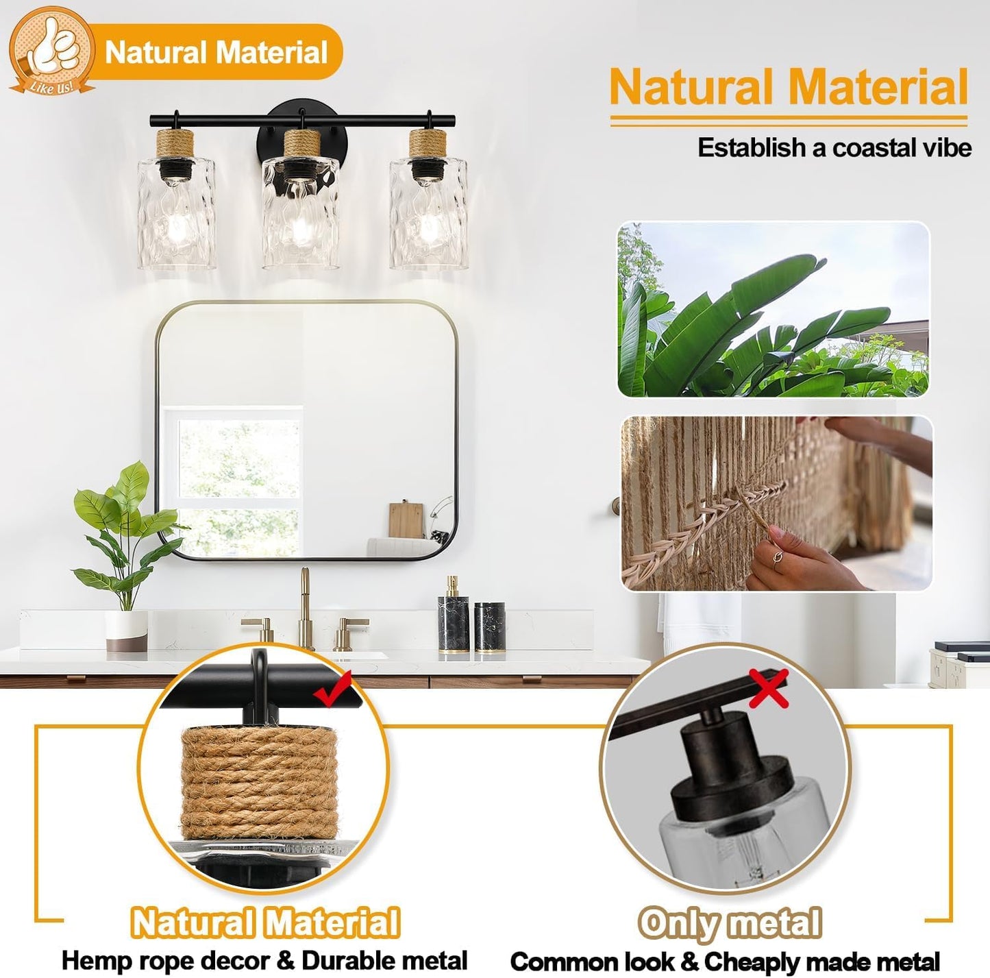 2025 Upgrade Bathroom Light Fixtures, 3-Light Coastal Vanity Lights with Crystal Glass Shade, Black Bathroom Wall Lamp for Mirror Kitchen Hallway Cabinet