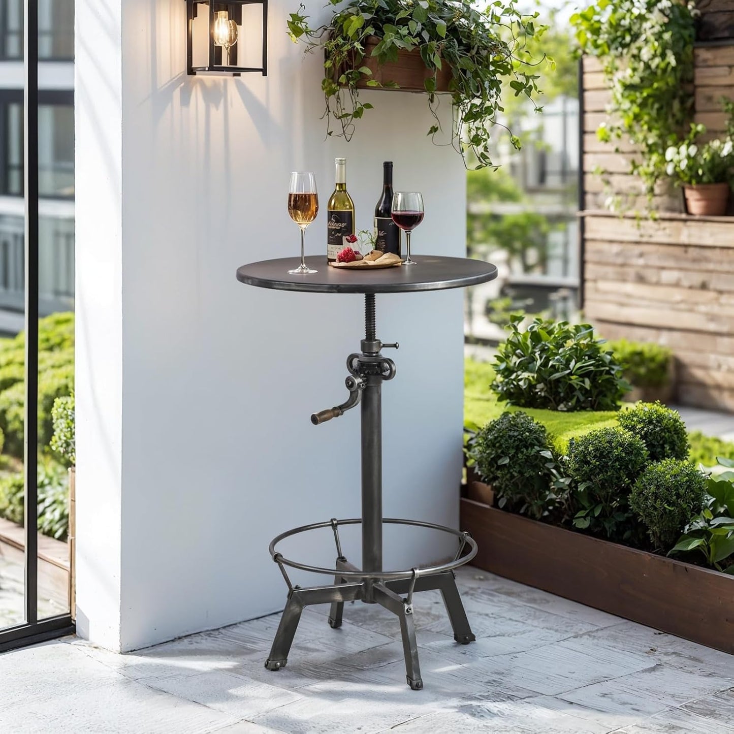 LOKKHAN 33.5"-39.4" Tall Industrial Bar Table-Adjustable Bar Height Pub Table-23.7" Dia Swivel Round Metal Top-Easily Adjusts by Crank Handle, Silver Gray