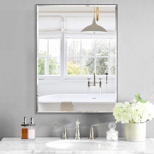 24x32 Inch Black Mirror with Beveled Trim, Aluminum Frame Bathroom Vanity Mirror, Modern Rectangular Wall Mounted Mirror