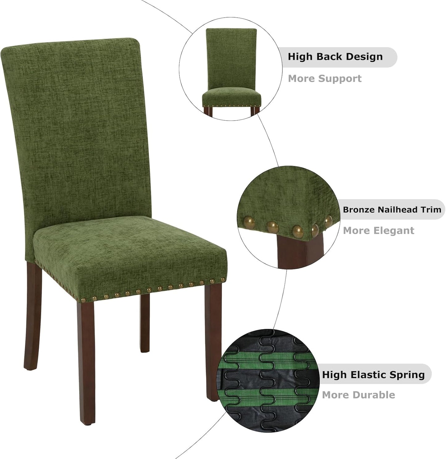 COLAMY Upholstered Parsons Dining Chairs Set of 2, Fabric Dining Room Kitchen Side Chair with Nailhead Trim and Wood Legs - Green