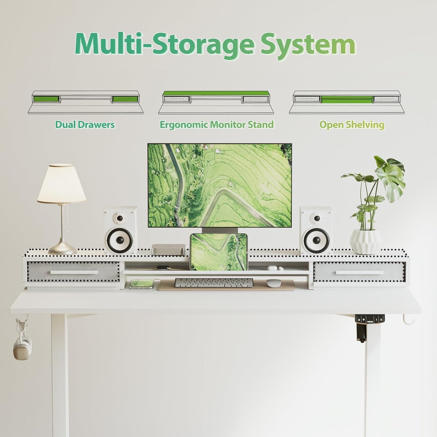 Agilestic 48 Inch Electric Standing Desk with Drawers, Adjustable Desk with Storage Shelf, Stand Up Home Office Computer Table, Splice Board, White