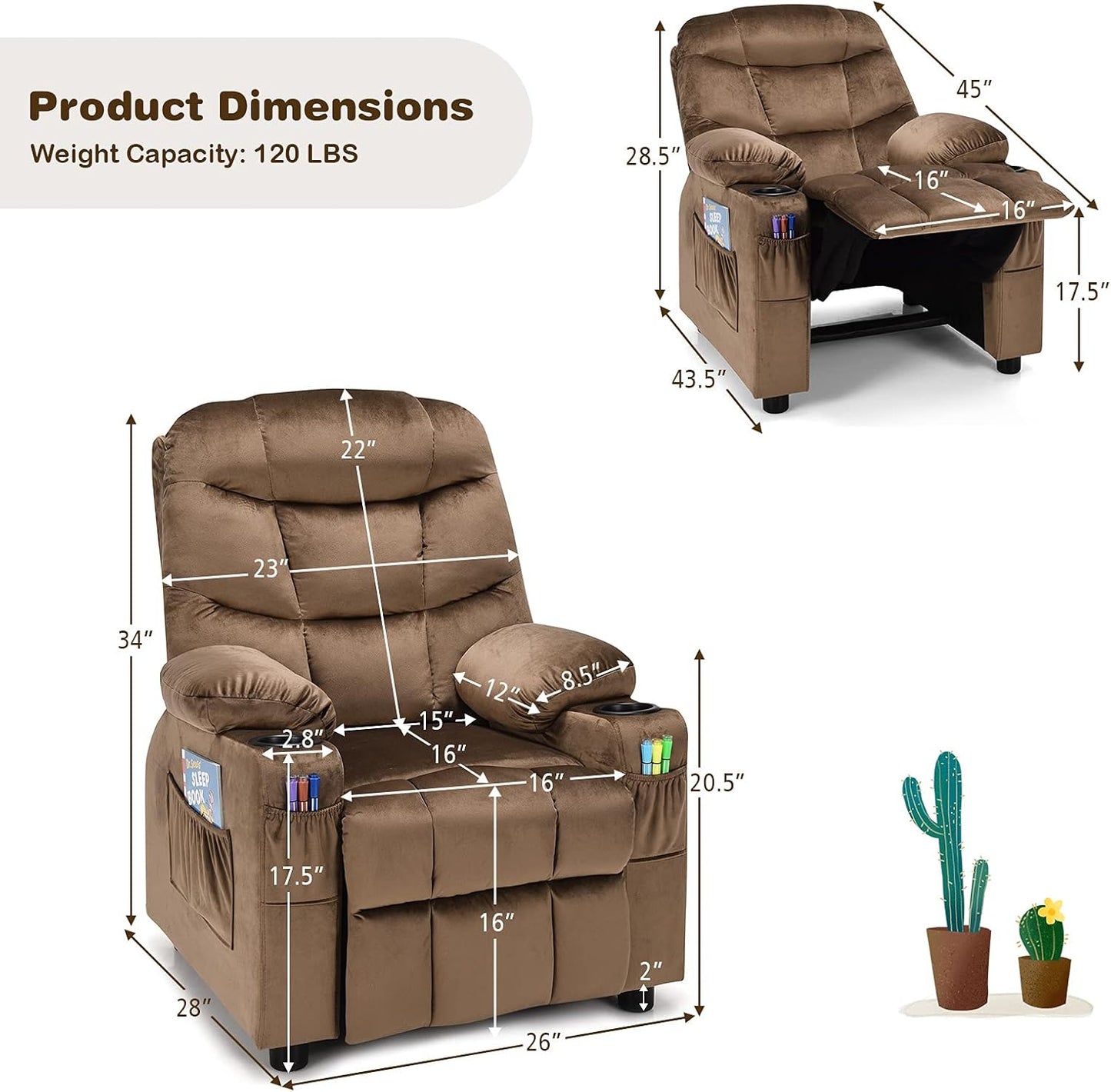 Costzon Kids Recliner Chair with Cup Holder, Adjustable Velvet Lounge Chair w/Footrest & Side Pockets for Children Boys Girls Room, Ergonomic Toddler Furniture Sofa, Kids Recliner (Brown)