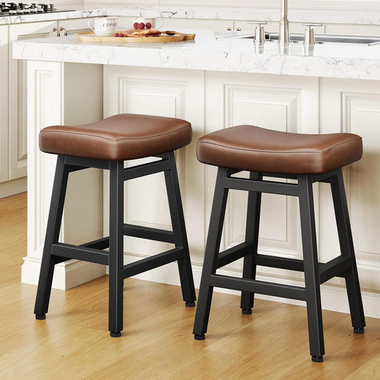 Counter Height Bar Stools Set of 2, 24 Inch Barstools for Kitchen Counter, Kitchen Stools with Bonded Leather Saddle Seats & Heavy Duty Metal Legs, Easy Assembly, Brown/Black