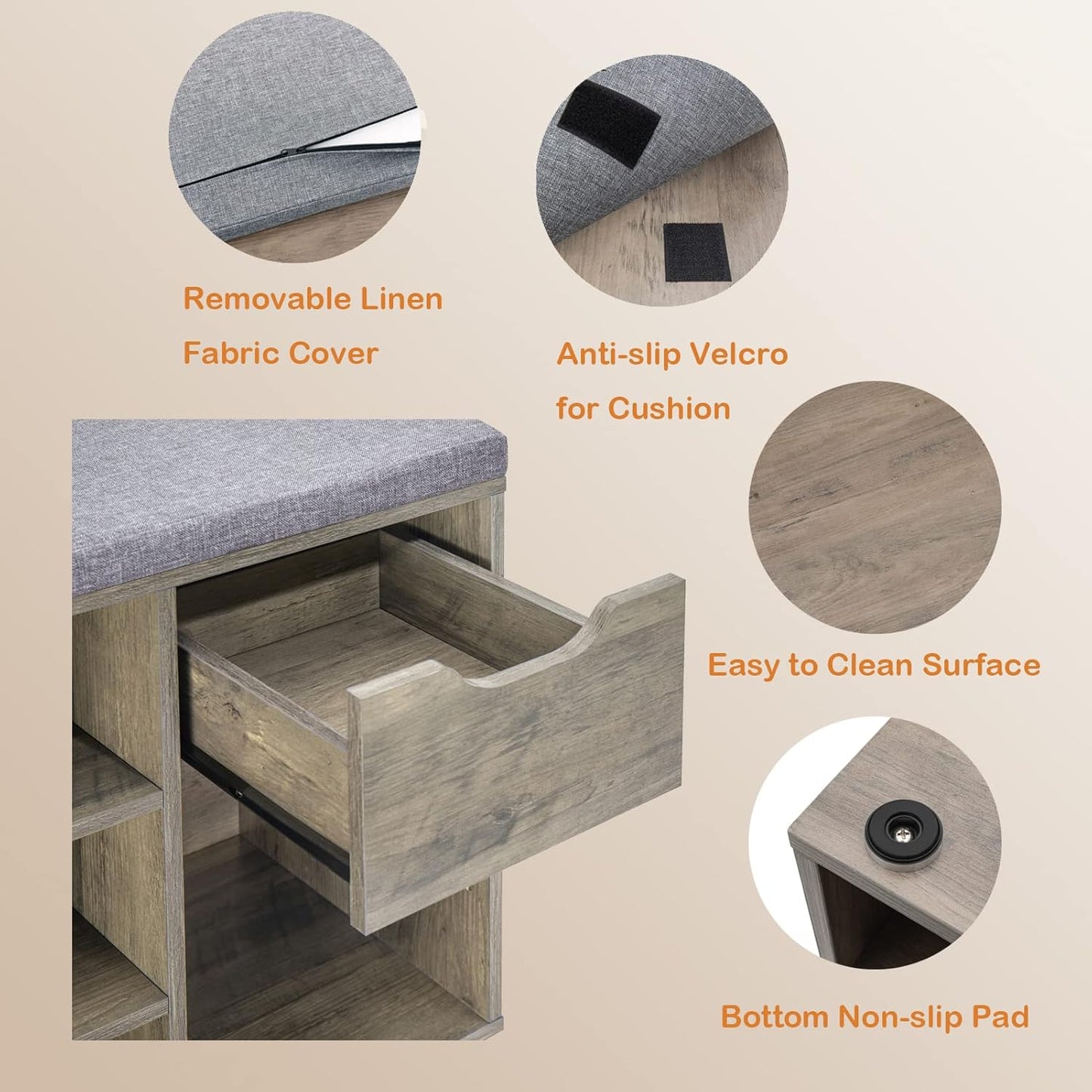 DINZI LVJ Shoe Bench, Entryway Storage Bench with Drawer and 8 Cubbies, Cubby Shoe Rack with Adjustable Shelves, Shoe Organizer Cabinet for Living Room, Bedroom, Mudroom, Closet and Garage, Grey Wash