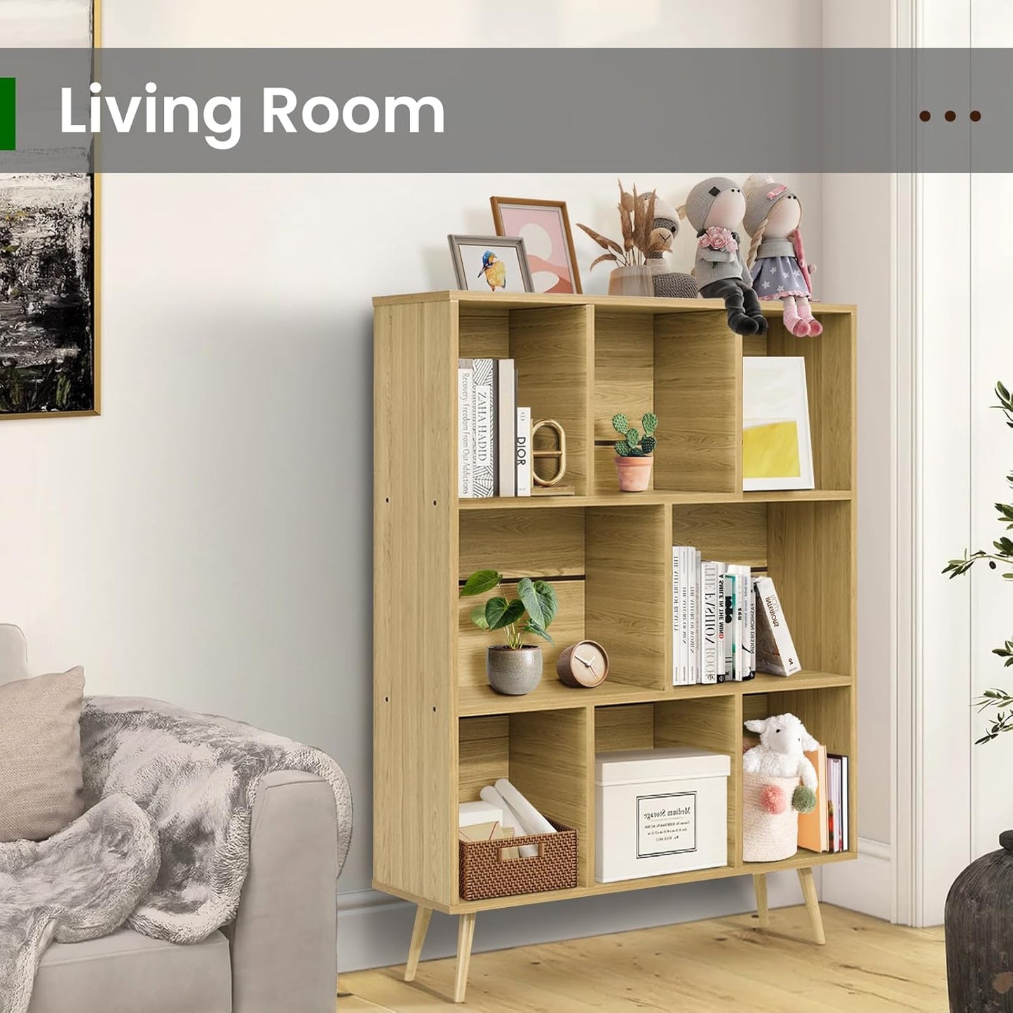 Bookshelf, 3-Tier 8 Cube Open Wooden Book Shelf with Legs, Floor Standing Office Bookcase, Wooden Bookcase for Office Furniture, Cubby Storage Organizer for Living Room/Bedroom