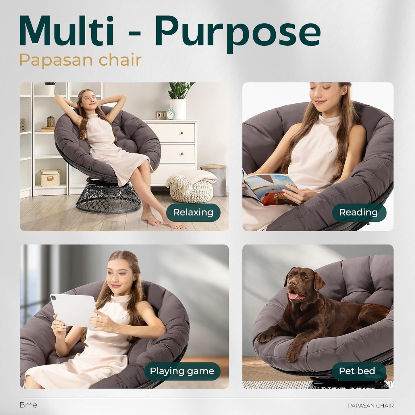 Bme 40" Ergonomic Wicker Papasan Chair with Soft Thick Density Fabric Cushion, High Capacity Steel Frame, 360 Degree Swivel for Living, Bedroom, Reading Room, Lounge, Smoky Quartz - Black Base