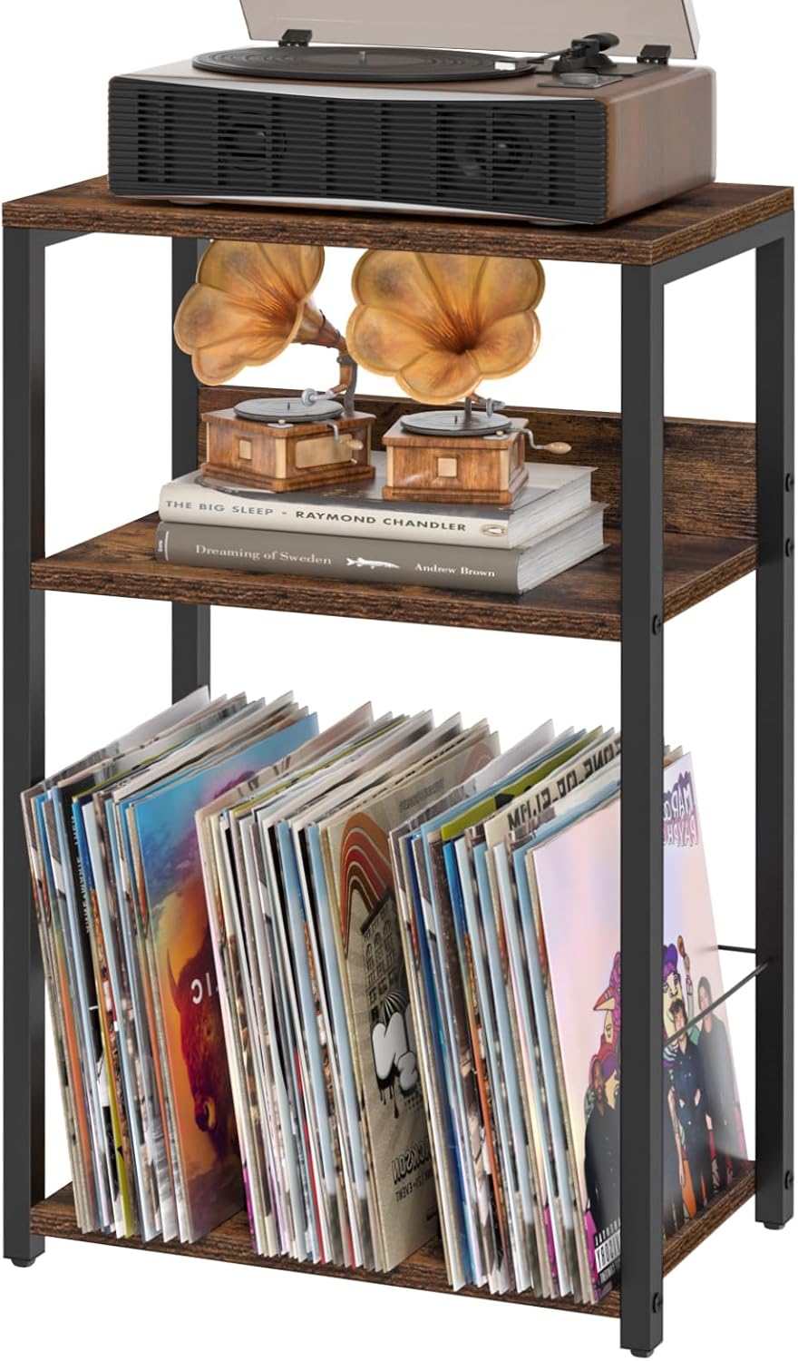 LELELINKY Record Player Stand, 3-Tier End Side Table with Vinyl Record Storage, Vinyl Record Holder Up to 120 Albums, Turntable Stand with Vinyls Storage for Music Living Room, Brown