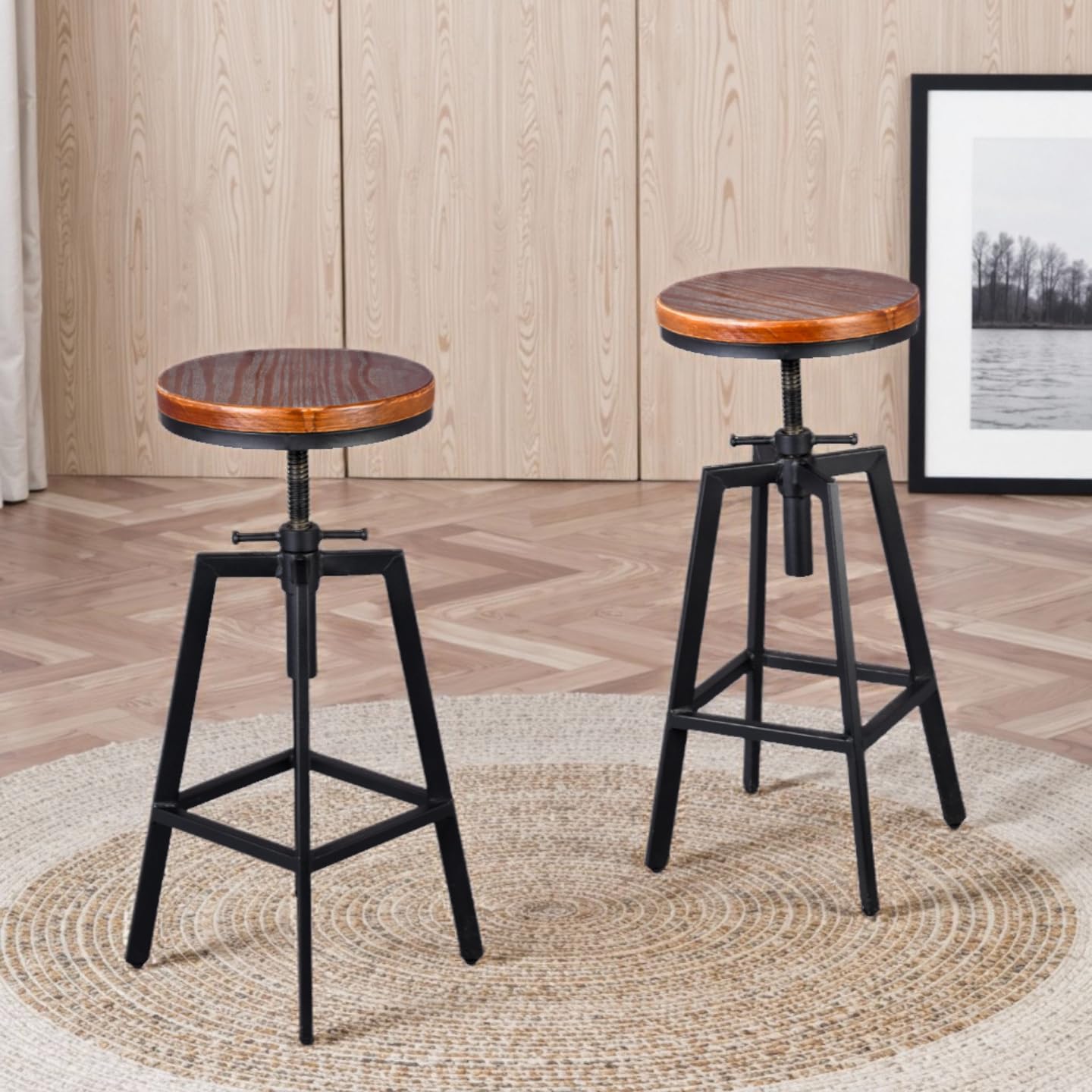 Set of 2 Industrial Vintage Kitchen Bar Stools Counter Height 25.6-31.5-inch Adjustable Stool for Pub,Kitchen,Home