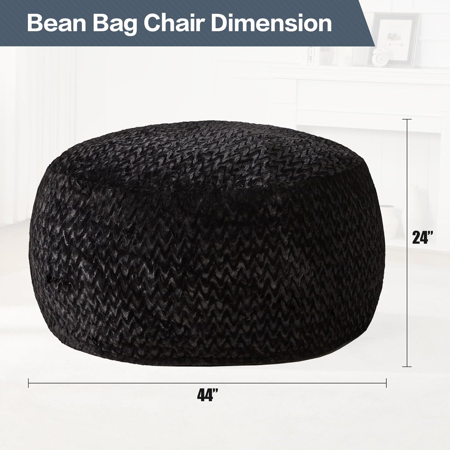 Hobestluk 4ft Bean Bag Chairs for Adults Large Beanbag Chair with Chevron Plush Fur Cover Big Bean Bag Chair for Living Room Bedroom Dorm Office - Black (44” x 44” x 24”)
