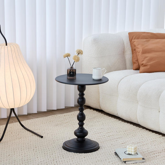 Chic Vintage Round Side Table with Elegant Roman Columns - Sturdy Metal Construction, Perfect for Coffee, End, Tea, or Leisure Use in Living Room or Bedroom Decor (Black Small 1 Pack)
