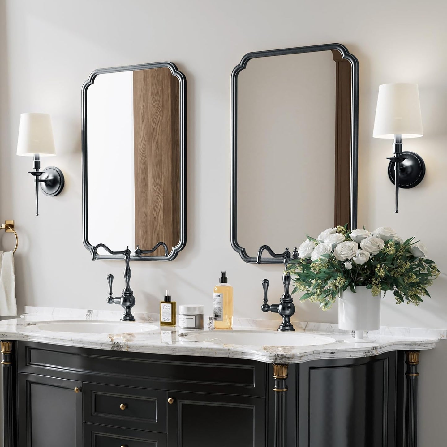 22x34 Inch Black Bathroom Mirror, Metal Framed Wall Mirror with Rounded Edges, Rustproof Horizontal Vertical Hanging for Vanity Over Sink