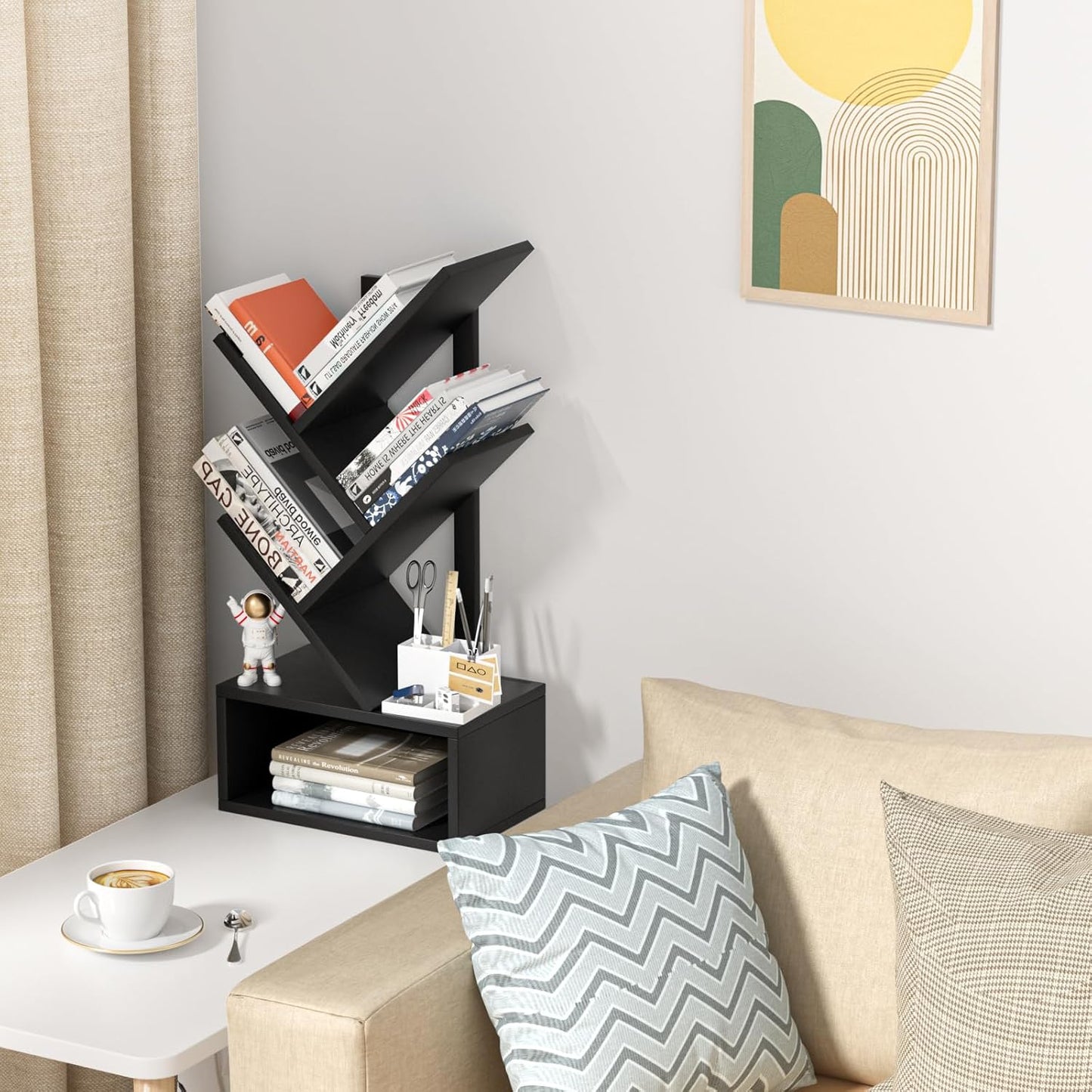 Small Tree Book Shelf,5 Tier Black Tree Bookshelf,Black Desktop Bookcase,Modern Desk Display Storage Bookshelves,Floor Standing Organizer Bookcases for Living Room,Bedroom,Office