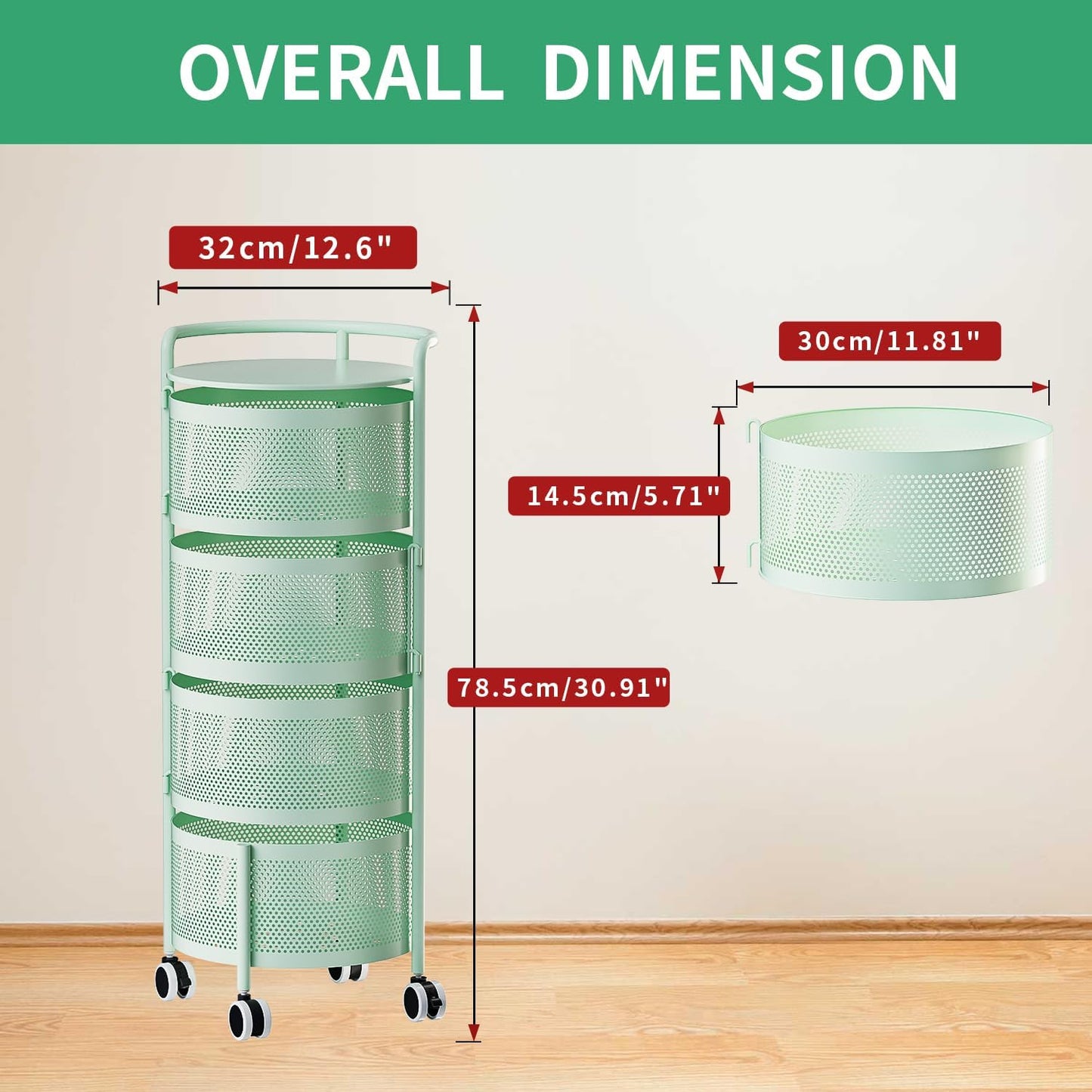 JAQ Kitchen Storage Rack No Assembly, 4-Tier Metal Storage Tower Basket Shelves Organizer on Rolling Wheels with Removal Drawers for Fruit Vegetable Grocery Corns Potato Onion (4-Tier, Green)