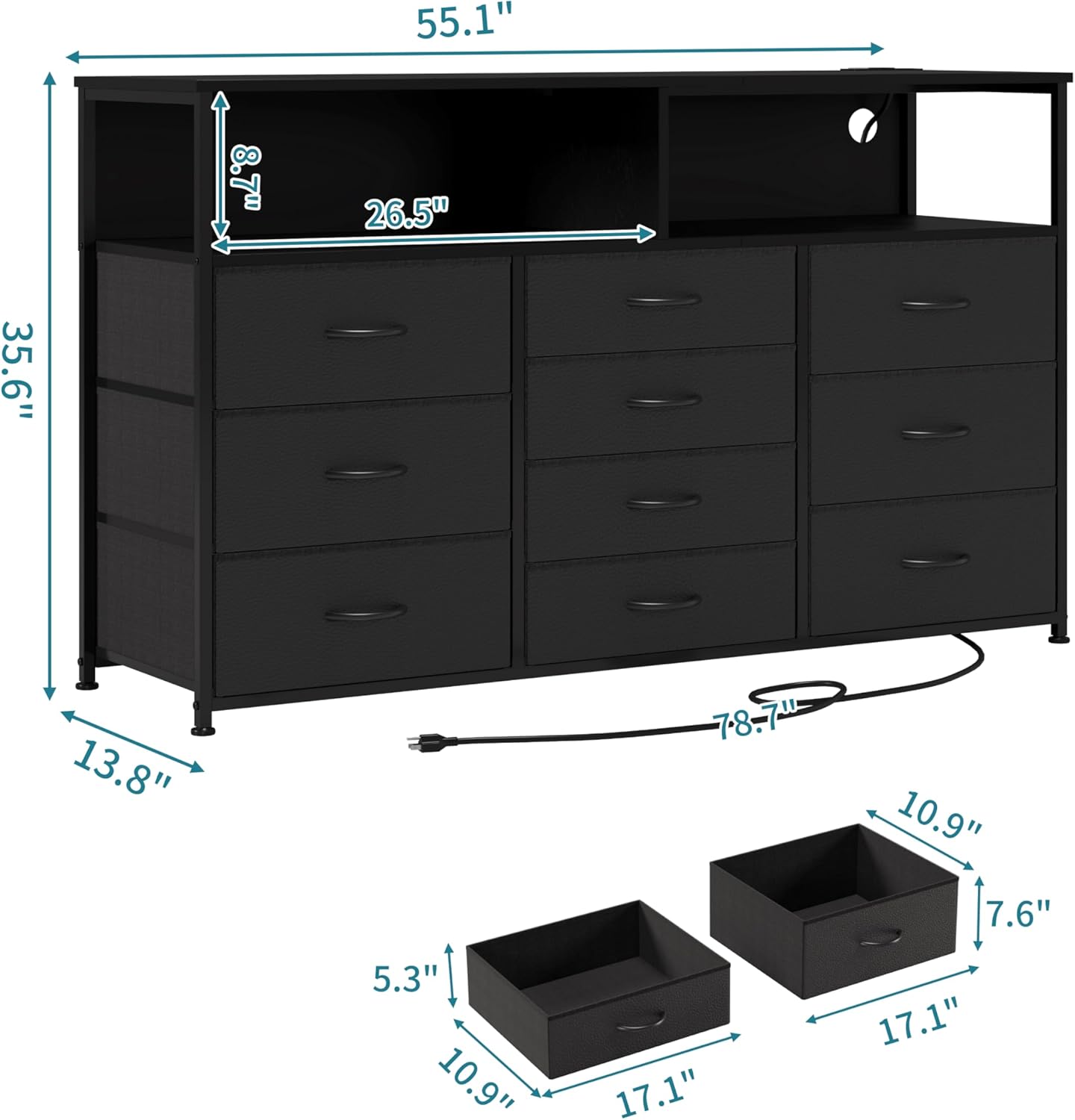 55W 10-Drawers Dresser with 2 Open Storage Shelves, TV Stand Dresser for 55,65 inch TV，with Power Outlets and LED Lights, Fabric Dressers Drawers for Bedroom, Living Room (Black)