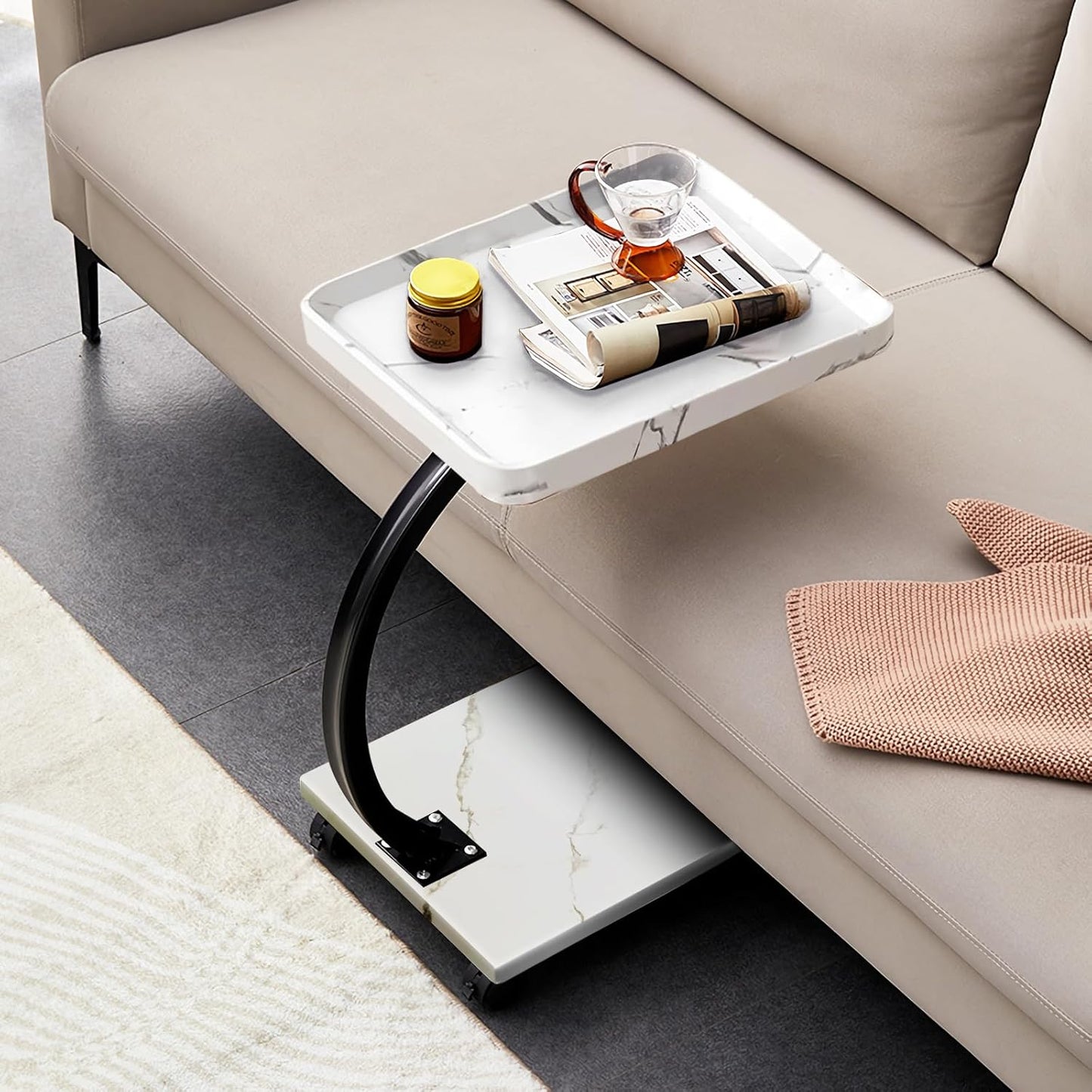 C Table End Table,360°Swivel TV Tray Table for Small Spaces, Couch Tables That Slide Under, C Shaped Side Tables with Wheels for Living Room and Bedroom, Bed,Chair, Snack Table