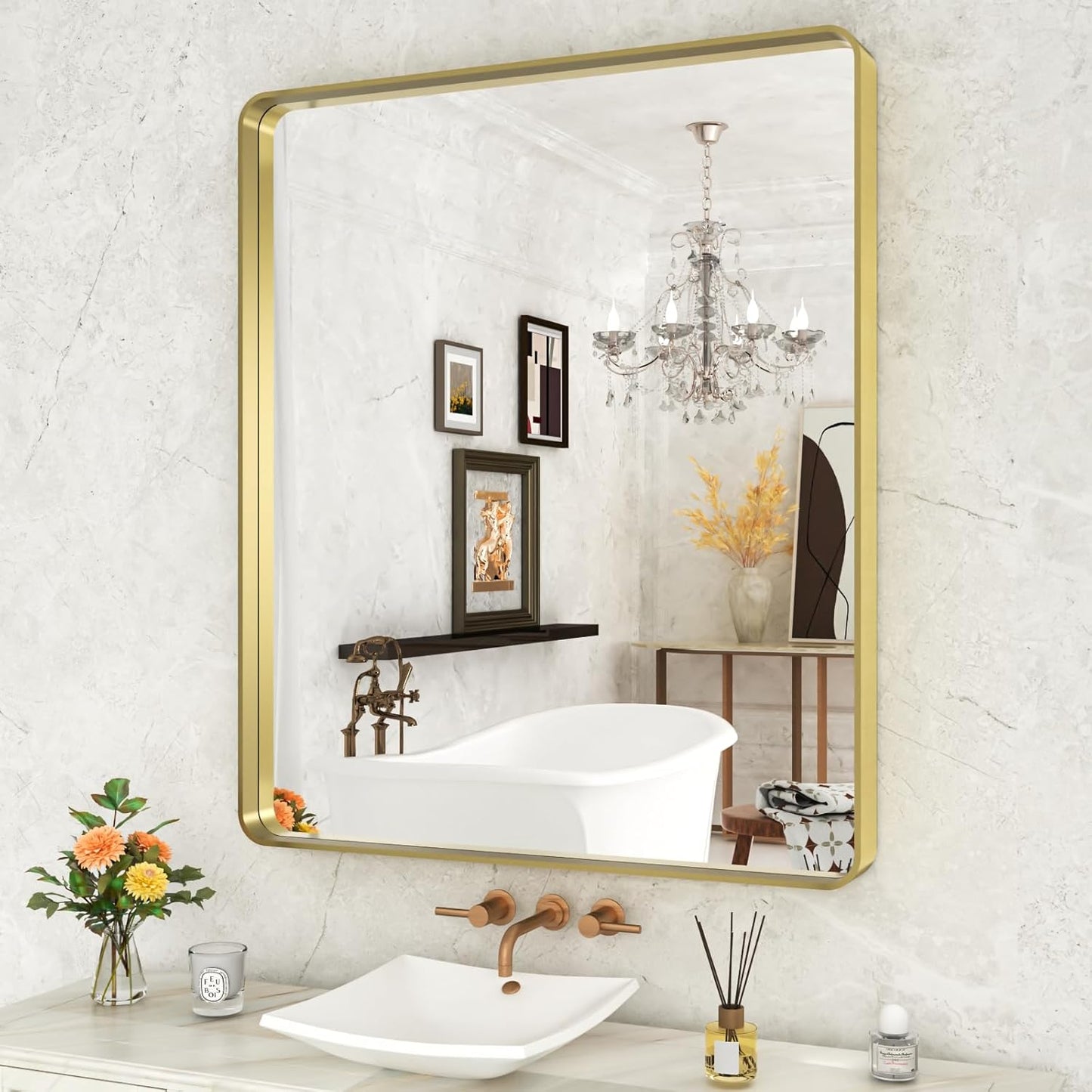 WEER Gold Bathroom Mirror, 36X30 Inch Brushed Gold Metal Frame Mirror, Rounded Rectangle Gold Bathroom Vanity Mirror for Wall, Tempered Glass, Anti-Rust, Hangs Horizontally or Vertically