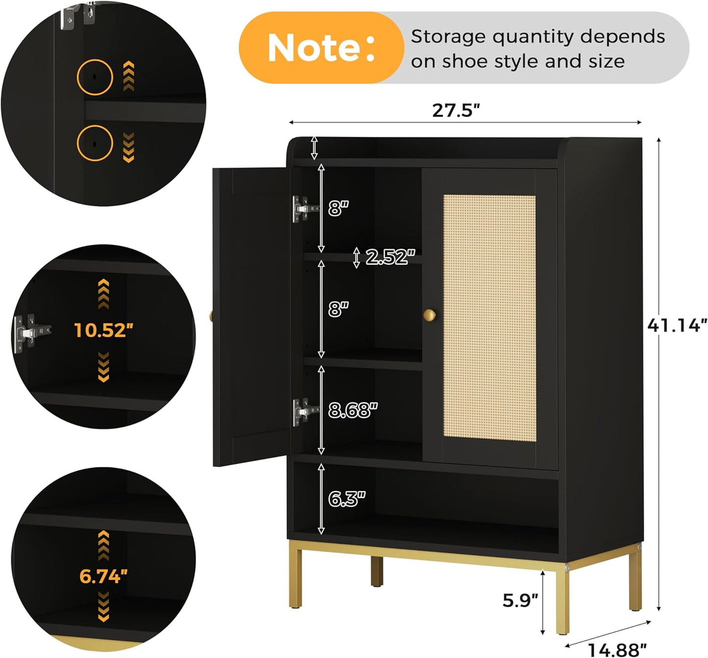 Rattan Shoe Cabinet Storage for Entryway, Shoe Cabinet with Adjustable Shelves for Entryway, 5-Tier, 20 Pair Shoe Rack Storage for Hallway, Closet, Living Room, Black