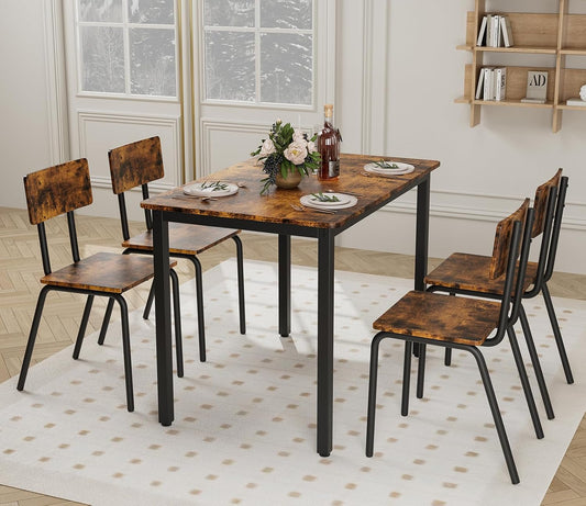 5-Piece Dining Table Set with 4 Chairs, 43" Kitchen Table Chairs Set of 4, Rectangular Dining Room Table Set with Metal Frame & MDF Board, Perfect for Small Space, Brown