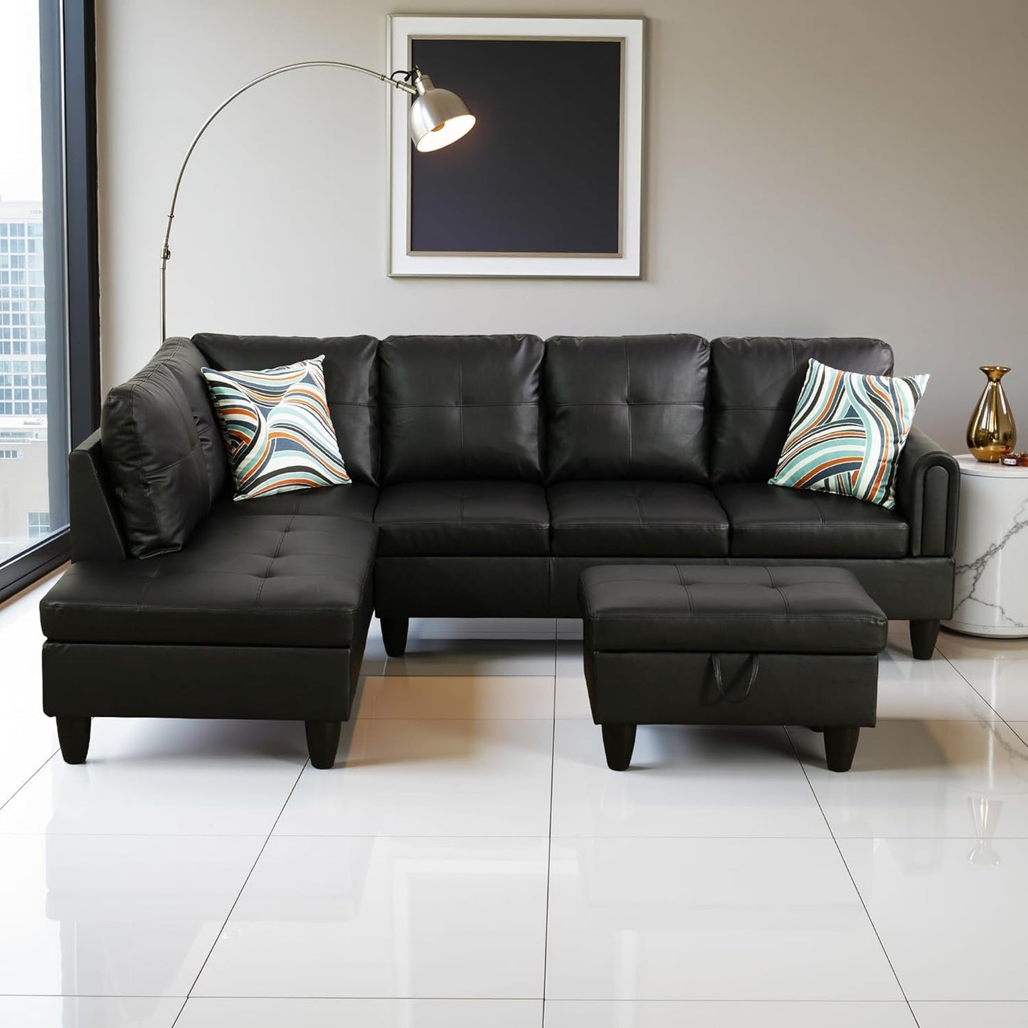 L Shaped Couch Faux Leather Sectional Couch Upholstered 3 Pieces Sofas for Living Room with Chaise, Storage Ottoman for Office and Small Apartment, Classic Black