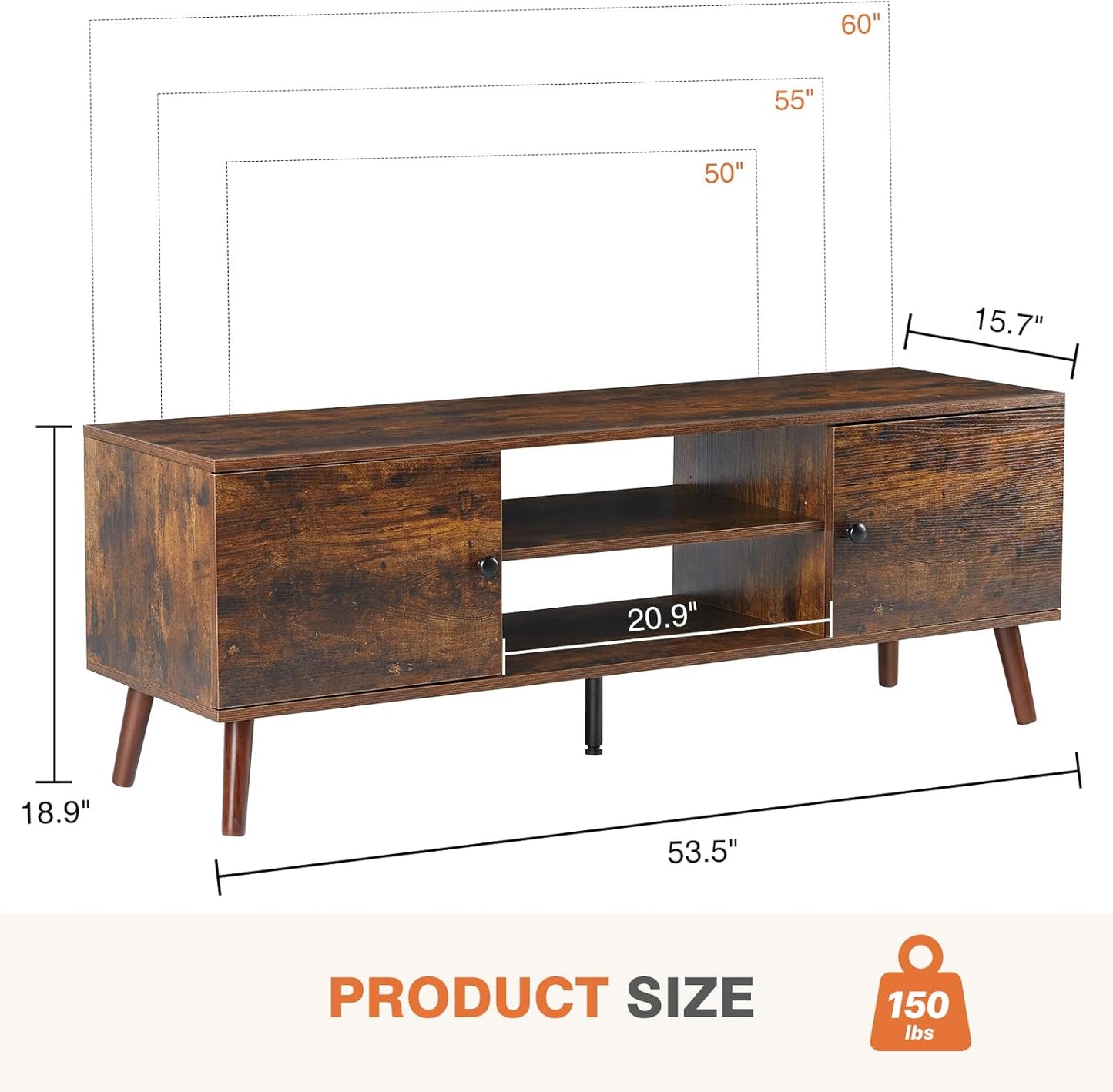 Sweetcrispy TV Stand for 55 60 inch TV, Modern Mid Century Entertainment Center with Storage, Media Console Table 2 Cabinet, Soft Hinge, Handle Door, Wooden Living Room, Office Furniture, Rustic Brown