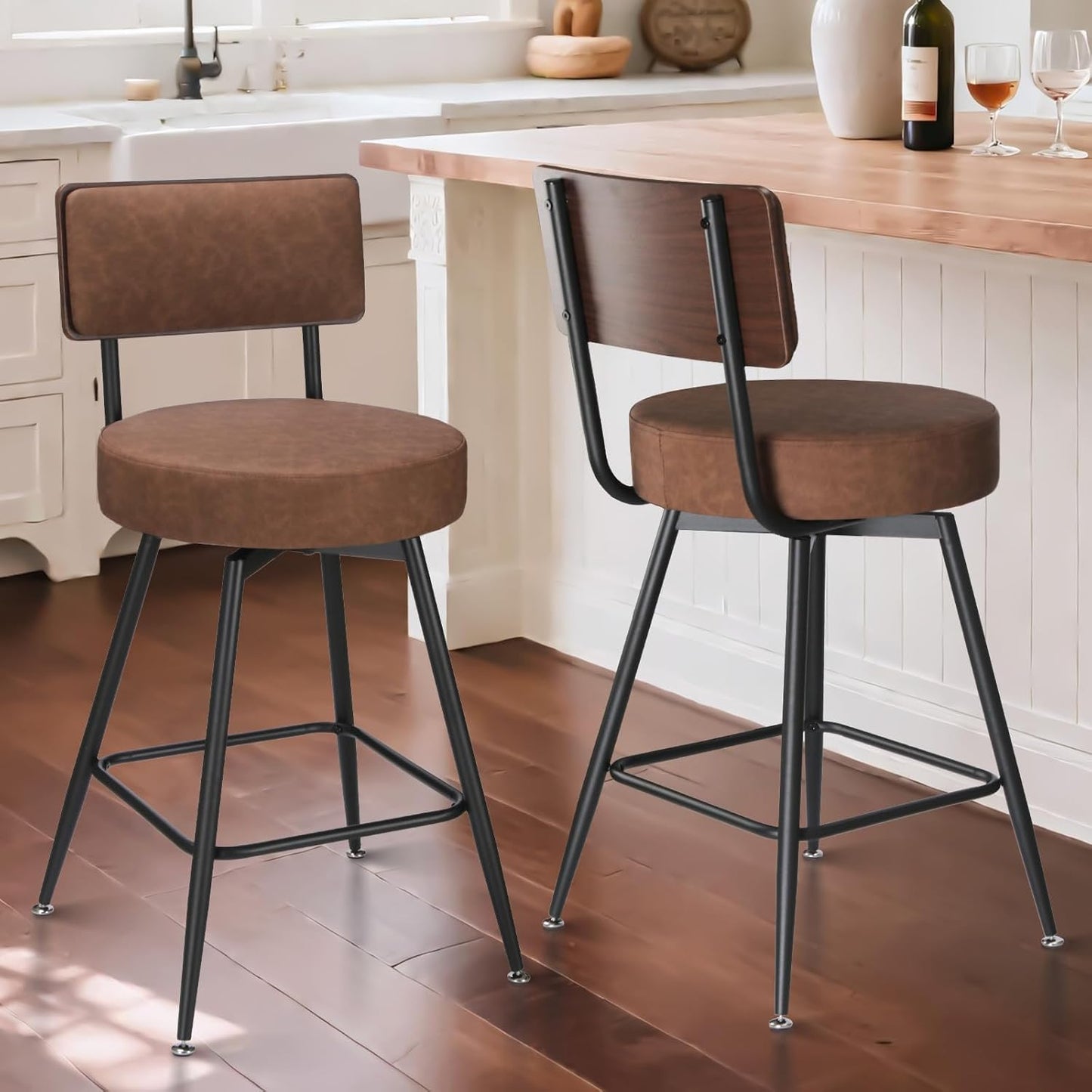 Bar Stools Set of 2, 25 Inch Swivel Bar Stools Bar Chairs, Faux Leather Counter Height Bar Stools with Backrest, Stools for Kitchen Counter Island Rustic Farmhouse, Brown