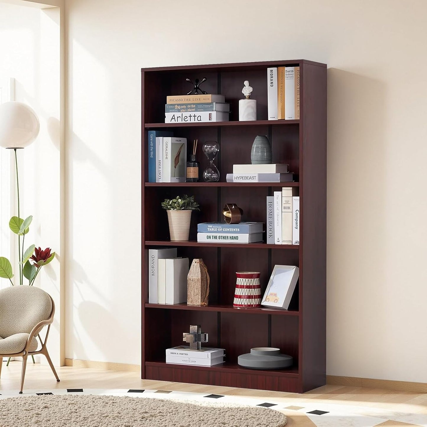 NicBex 59.8“ Heavy Dute Wood Bookcase with Adjustable Shelves, Modern Manga Bookshelf for Living Room, Office, Small Spaces, Manga and Book Shelves Storage, Tip-Over Resistant, 33" Wide Cherry