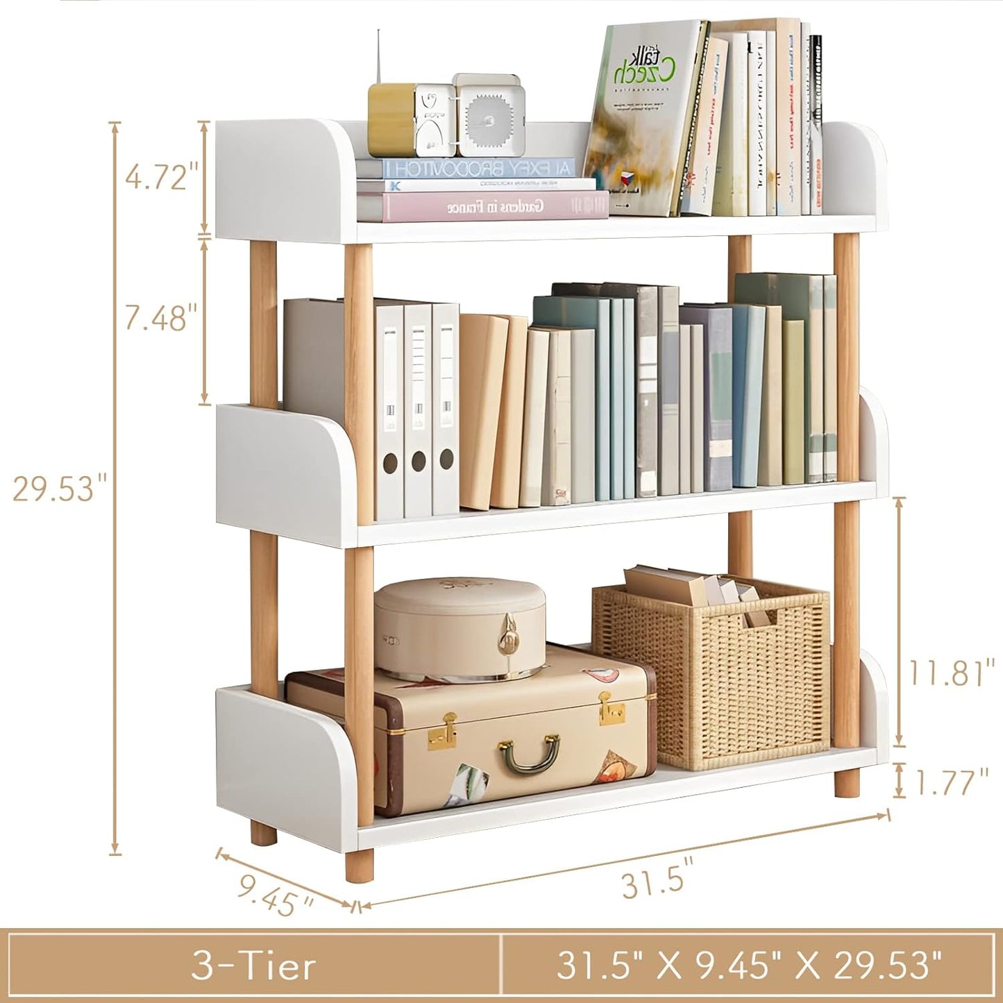 3-Tier Wooden Open Bookcase - Modern Display Bookshelf with Top Edge and Solid Wood Frame for Home and Office, Storage Cabinet, Warm White