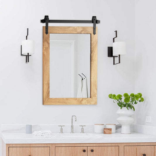 Farmhouse Bathroom Mirror 18" x 24" Rustic Wood Framed Wall Barn Door Mirror for Bathroom, Living Room, Bedroom Wall Decor (Brown)
