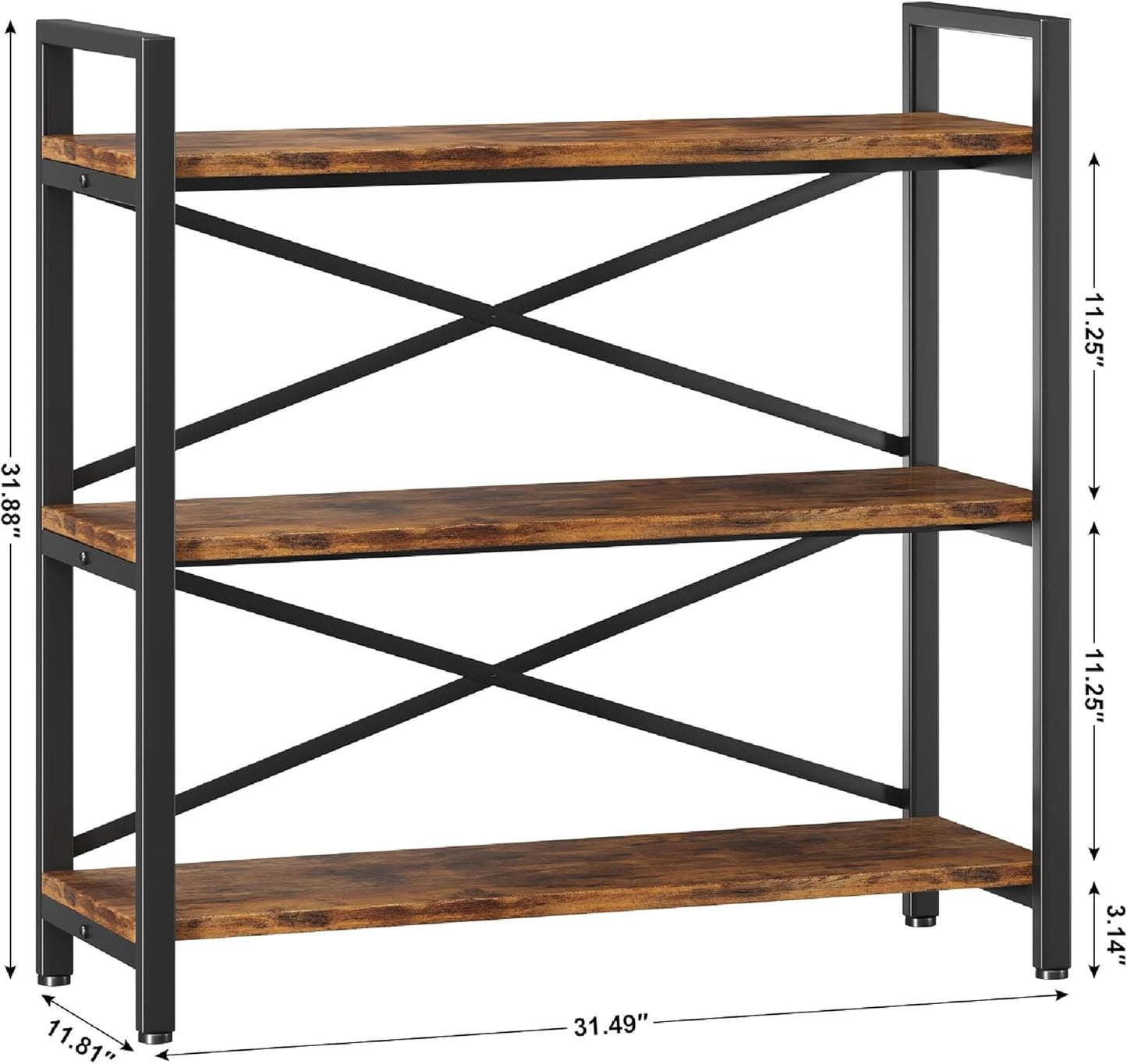 Homeiju 3 Tier Bookshelf 31.49" Width, Wood and Metal Etagere Bookcase, Vintage Farmhouse Modern Wooden Big Book Shelf for Home Living Room Bedroom Office Storage(Rustic Brown)