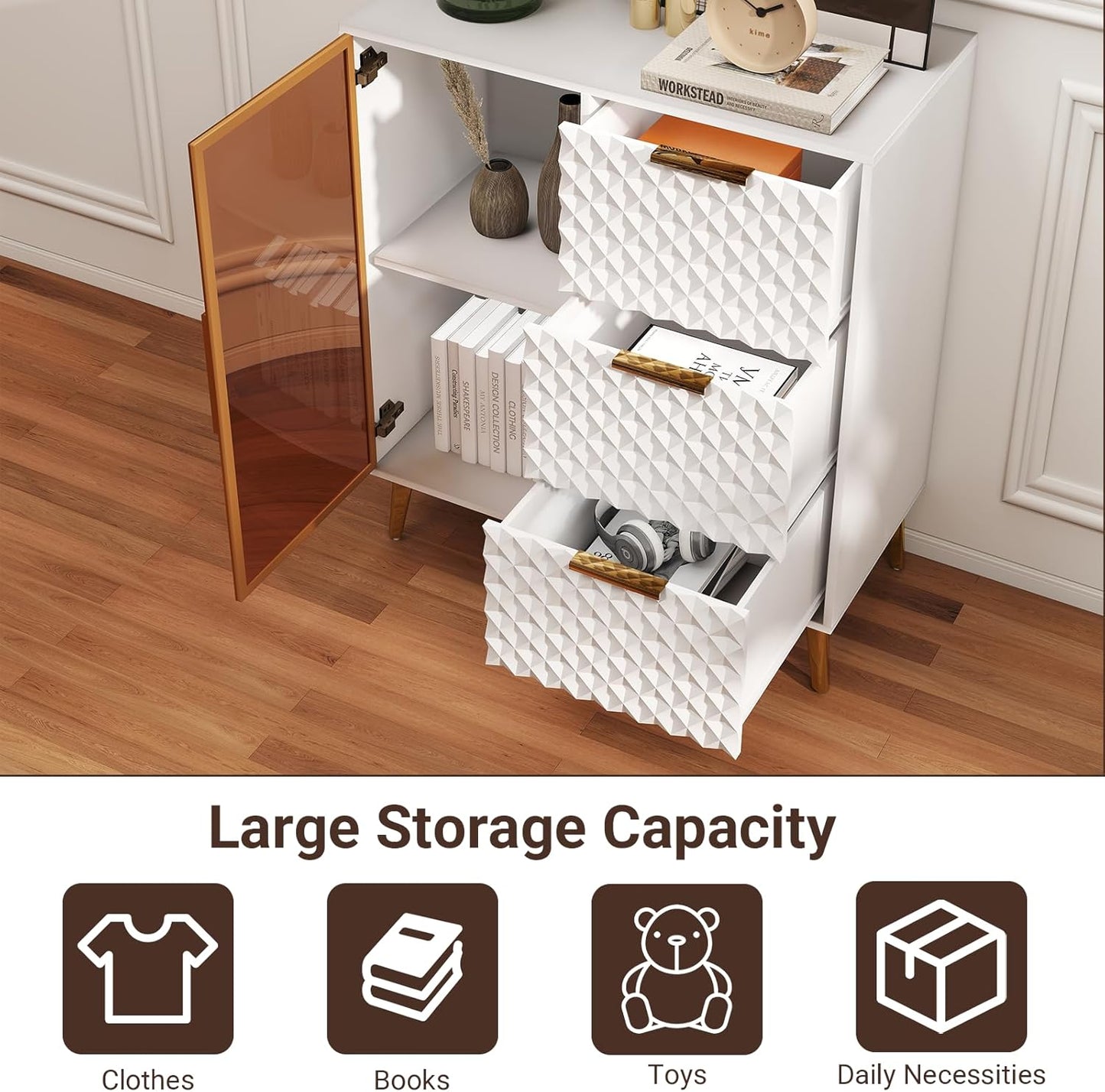 Rovibek Modern Sideboard Cabinet with Storage, Small Kitchen Buffet Cabinet with Glass Door & 3 Drawers, 31" Accent Sideboard Buffet for Kitchen, Living Room, White