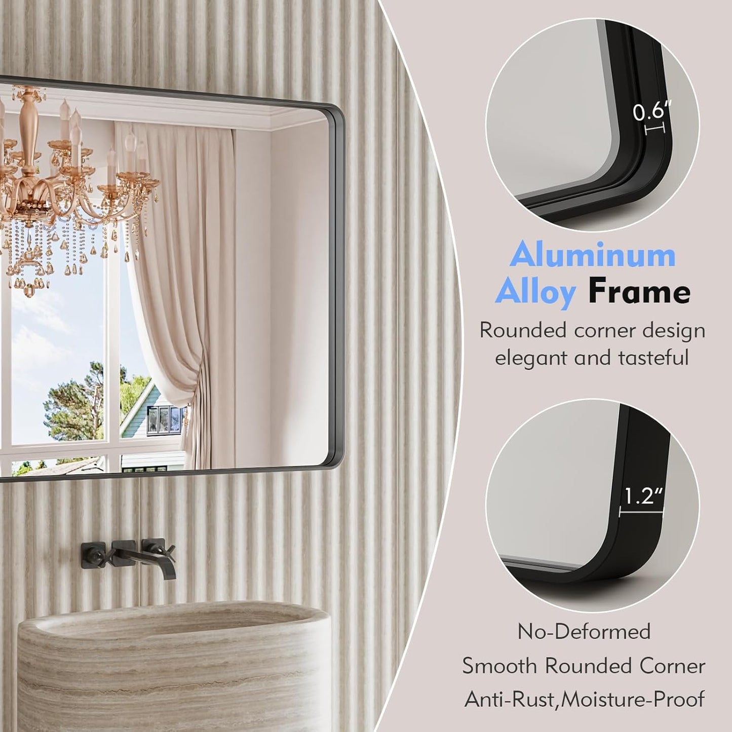 Black Bathroom Mirror 22X30 Inch, Black Metal Framed Mirror for Wall, Rounded Rectangle Matte Bathroom Vanity Mirror with Tempered Glass, Anti-Rust, Horizontal/Vertical