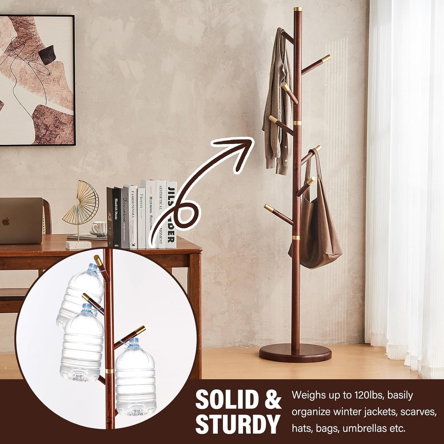 CozyDH Coat Rack Freestanding Solid Wood Coat Rack Stand, Coat Tree Freestanding with 7 Hooks Creative Tree Branch-look for Entryway, Hallway, Bedroom (Walnut)