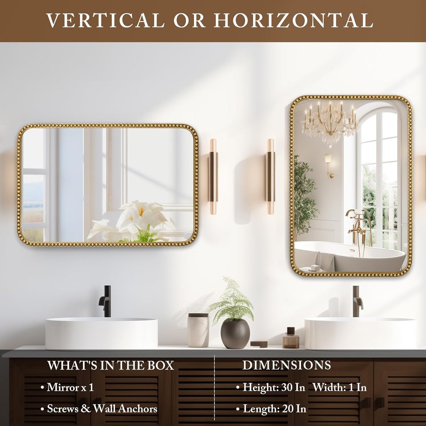 Wall Mirror for Bathroom - 20"x30" Rectangle Rounded Corner Beaded Frame Mirror, Large Vanity Mirror Hangs Horizontal or Vertical, Antique Gold