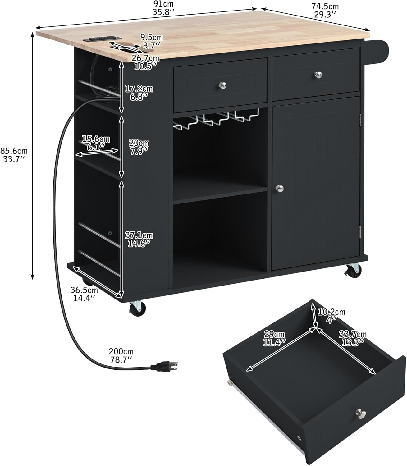 Merax Rubber Wood Kitchen Island with Adjustable Storage, Rolling Kitchen Storage Cart with Drop Leaf, Open Storage, Wine Rack, 5 Wheels for Home, Kitchen, Dining Room, Black