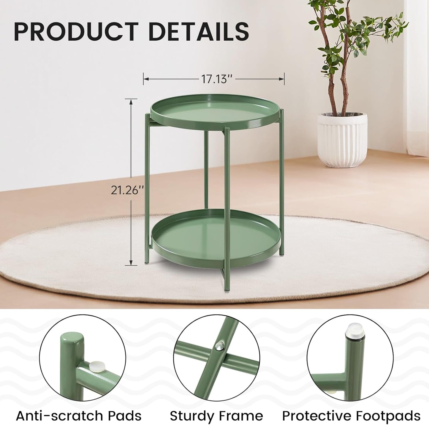 danpinera 2 Tier Metal Side Table with Removable Tray, Folding End Table Outdoor Small Accent Table, Anti-Rust Green Nightstand for Bedroom Balcony Patio, Set of 2 (Dark Green)