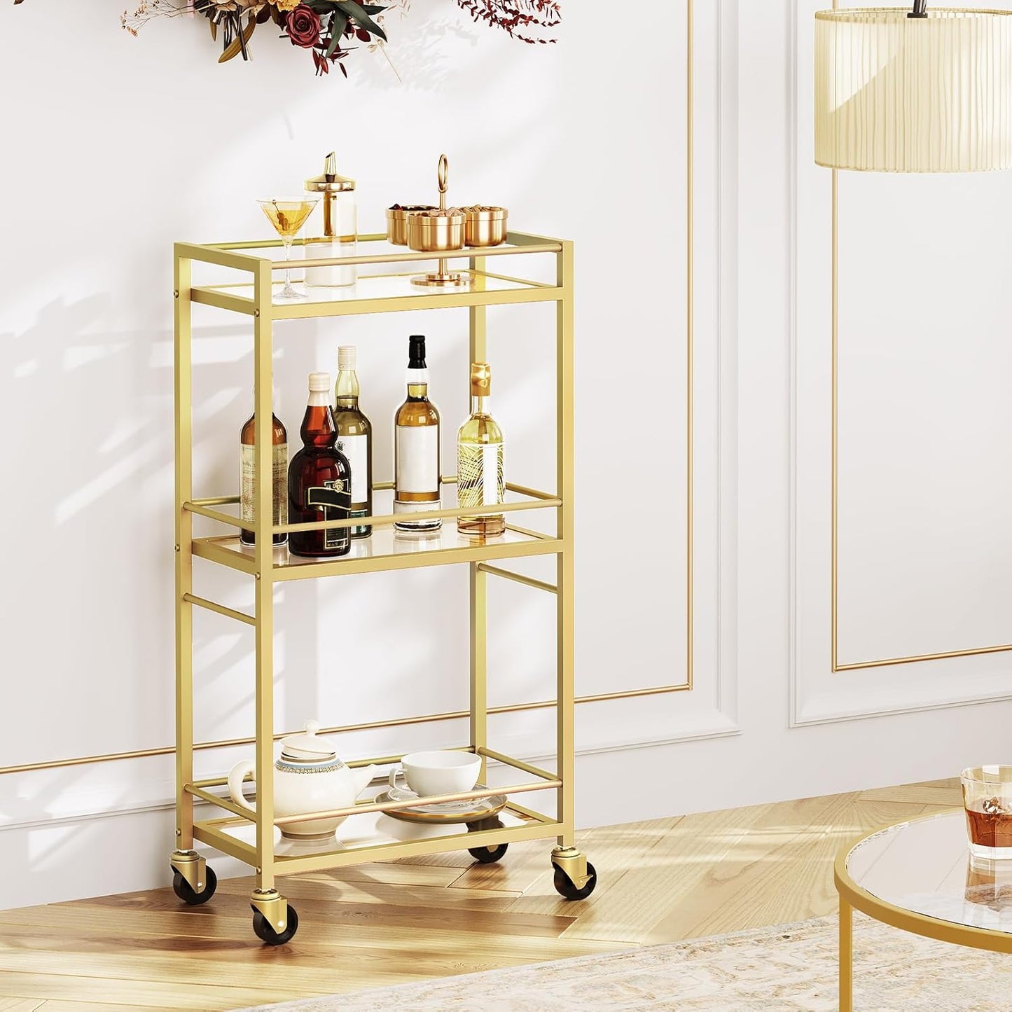 Bar Cart for The Home, 3-Tier Drink Cart on Wheels, Home Bar Serving Cart, Mini Bar Cart for Small Space, Kitchen, Dining Room, Gold RCJ40B01