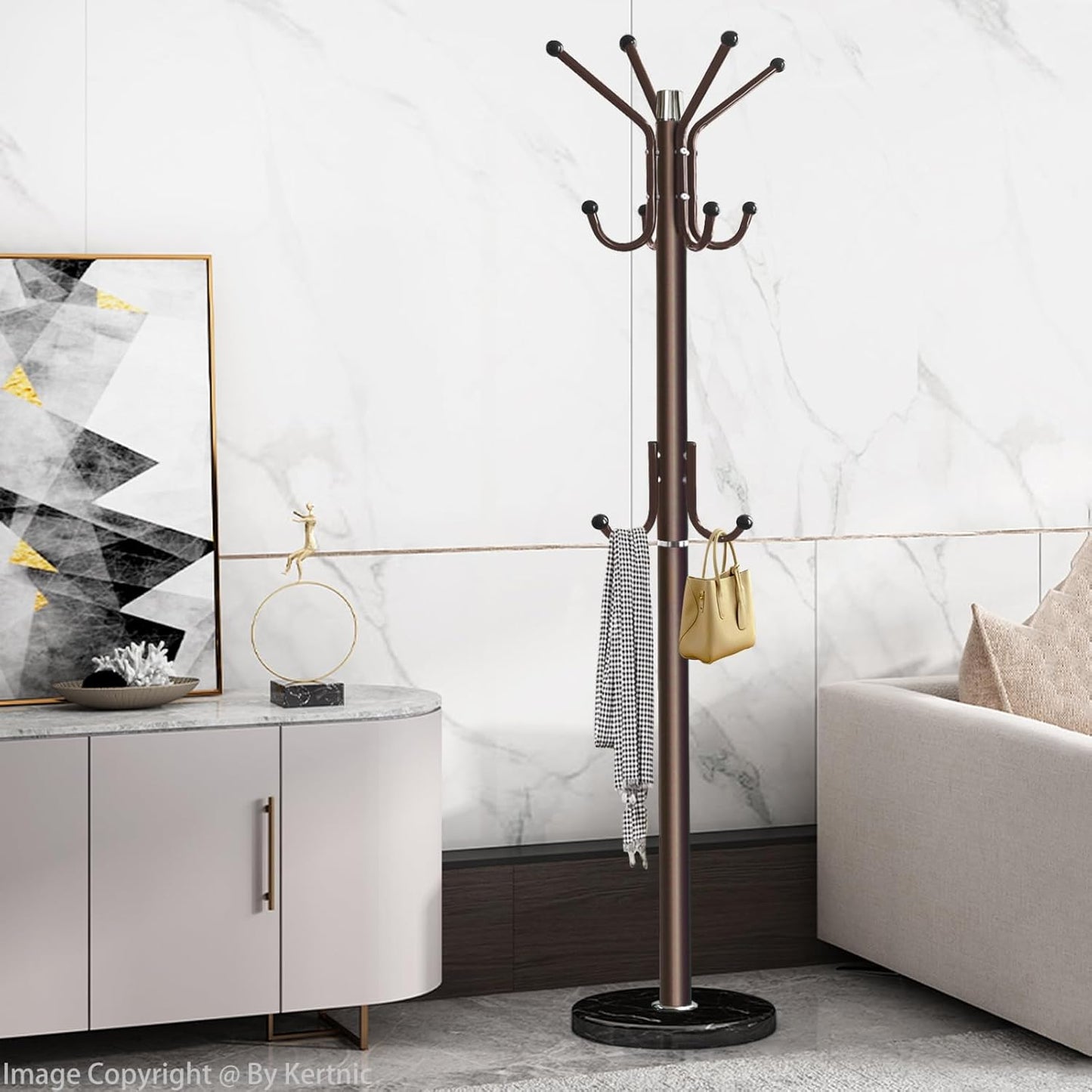 Kertnic Modern Coat Rack Freestanding with Natural Marble Base & Sturdy Metal Frame, 11 Hooks Hall Tree for Jackets, Hats, Bags, Entryway Organizer for Bedroom, Living Room, Closet (Bronze)