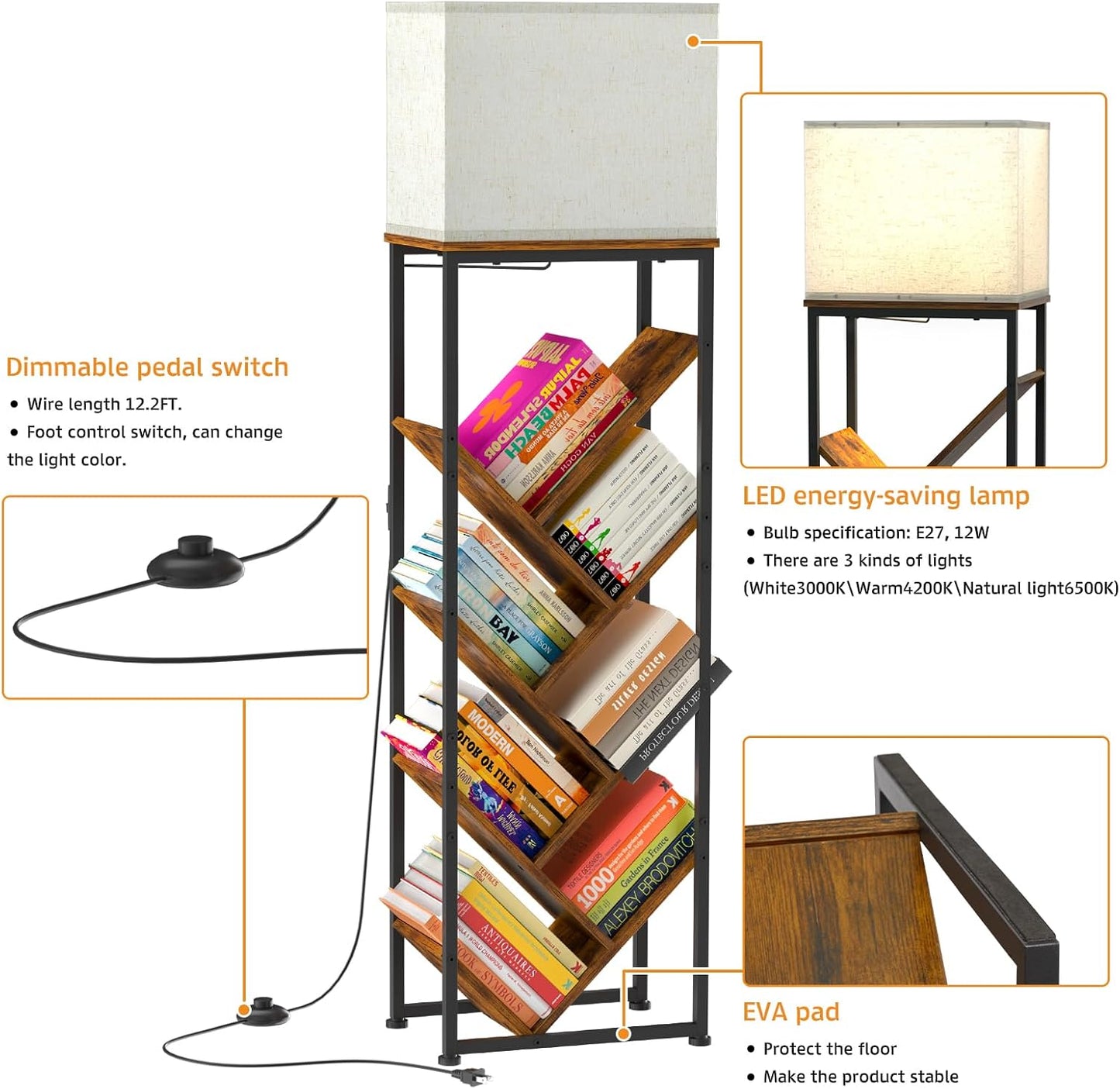 Tree Bookshelf with Light - 8 Tier Floor Standing Tree Bookshelf for Hardcover Books Three Types of Light