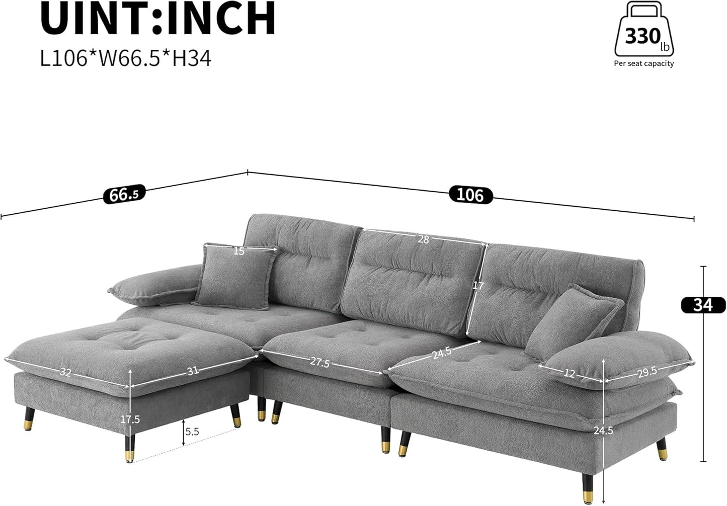 106" L Shaped Convertible Sectional Sofa,4 Seat Tufted Cloud Couch Set W/Movable Ottoman for Living Room, Apartment,Office,Chenille Fabric,Grey